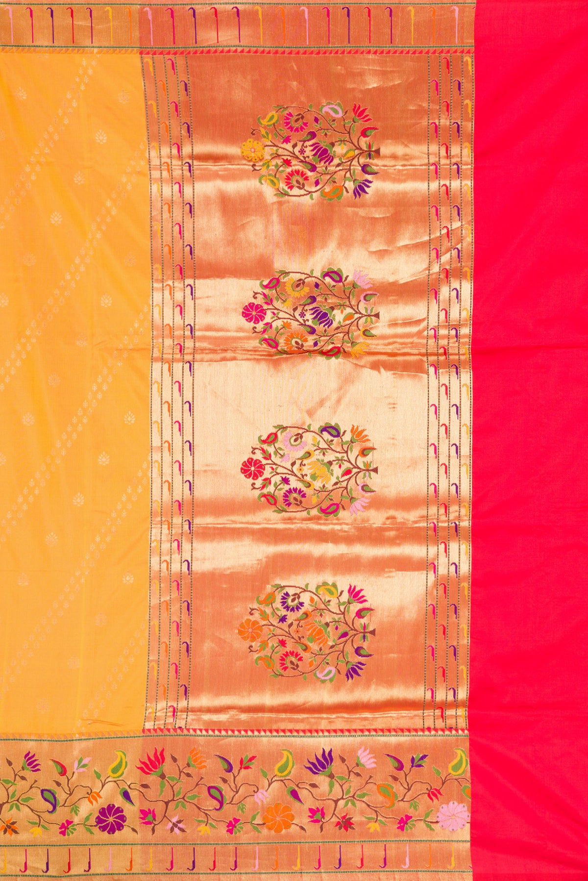 Close up image of the pallu of Mustard Dual Tone Paithani Silk Saree with Zari Butta on the body and Zari Border. 