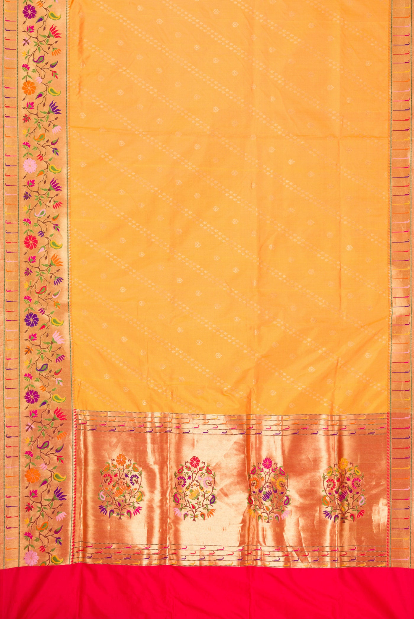 Flat view of Mustard Dual Tone Paithani Silk Saree with Zari Butta on the body and Zari Border. 