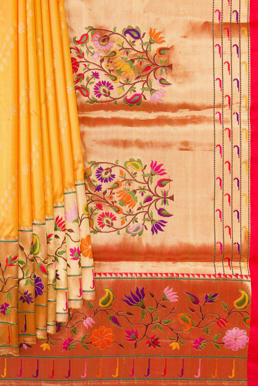 Pleats and pallu of Mustard Dual Tone Paithani Silk Saree with Zari Butta on the body and Zari Border. 