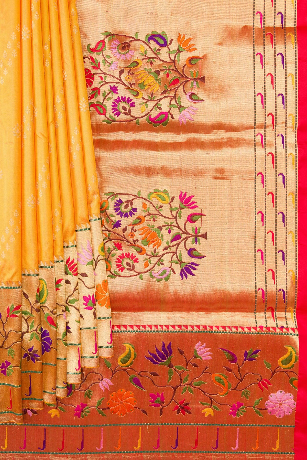 Pleats and pallu of Mustard Dual Tone Paithani Silk Saree with Zari Butta on the body and Zari Border. 