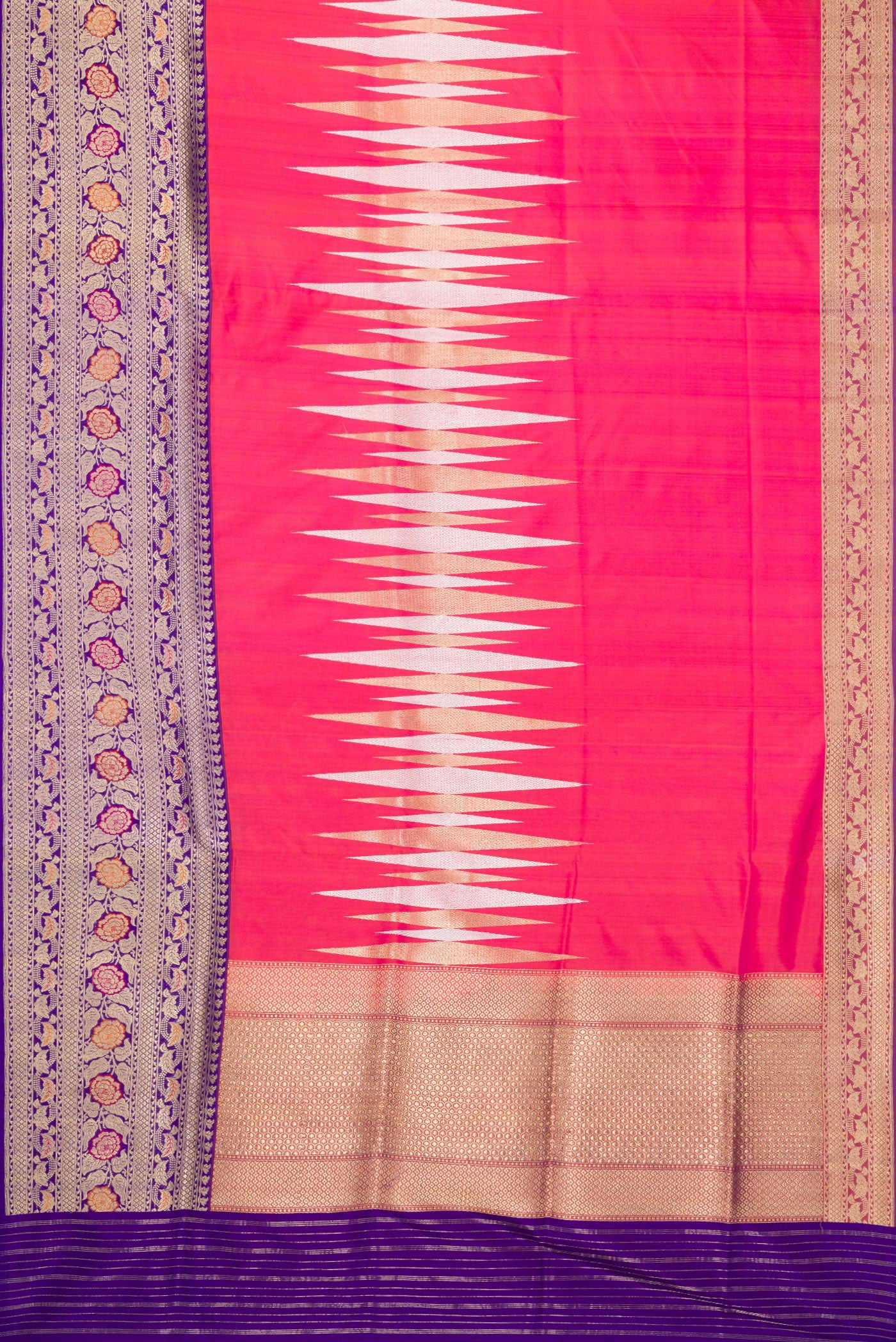 Flat view of Coral Dual Tone Banarasi Silk Saree with Zari Butta on the body and Zari Border. 