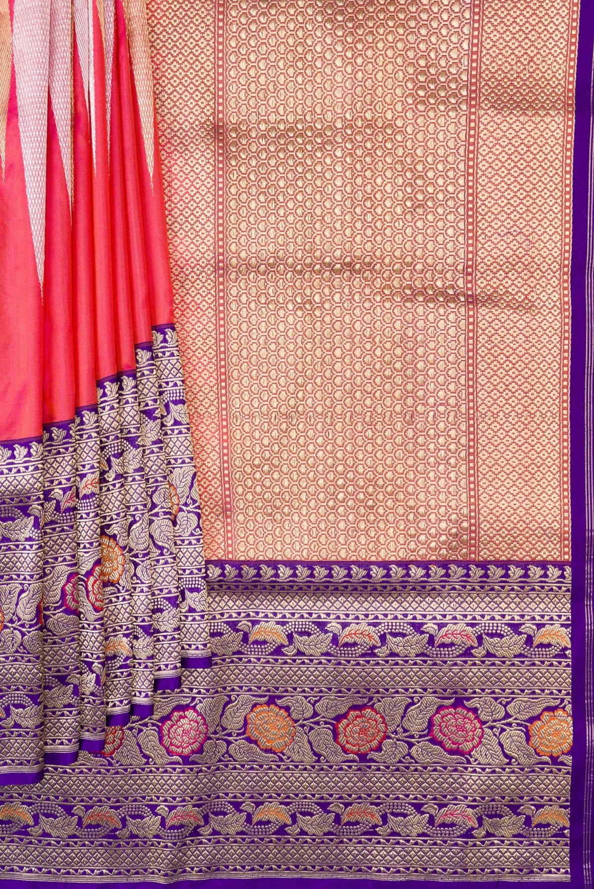 Pleats and pallu of Coral Dual Tone Banarasi Silk Saree with Zari Butta on the body and Zari Border. 
