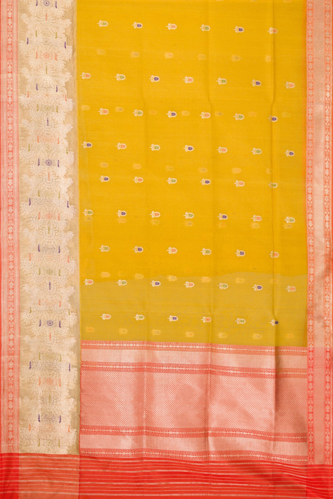 Flat view of Mehandi Green Dual Tone Organza Silk Saree with Zari And Thread Butta on the body and Zari Border. 