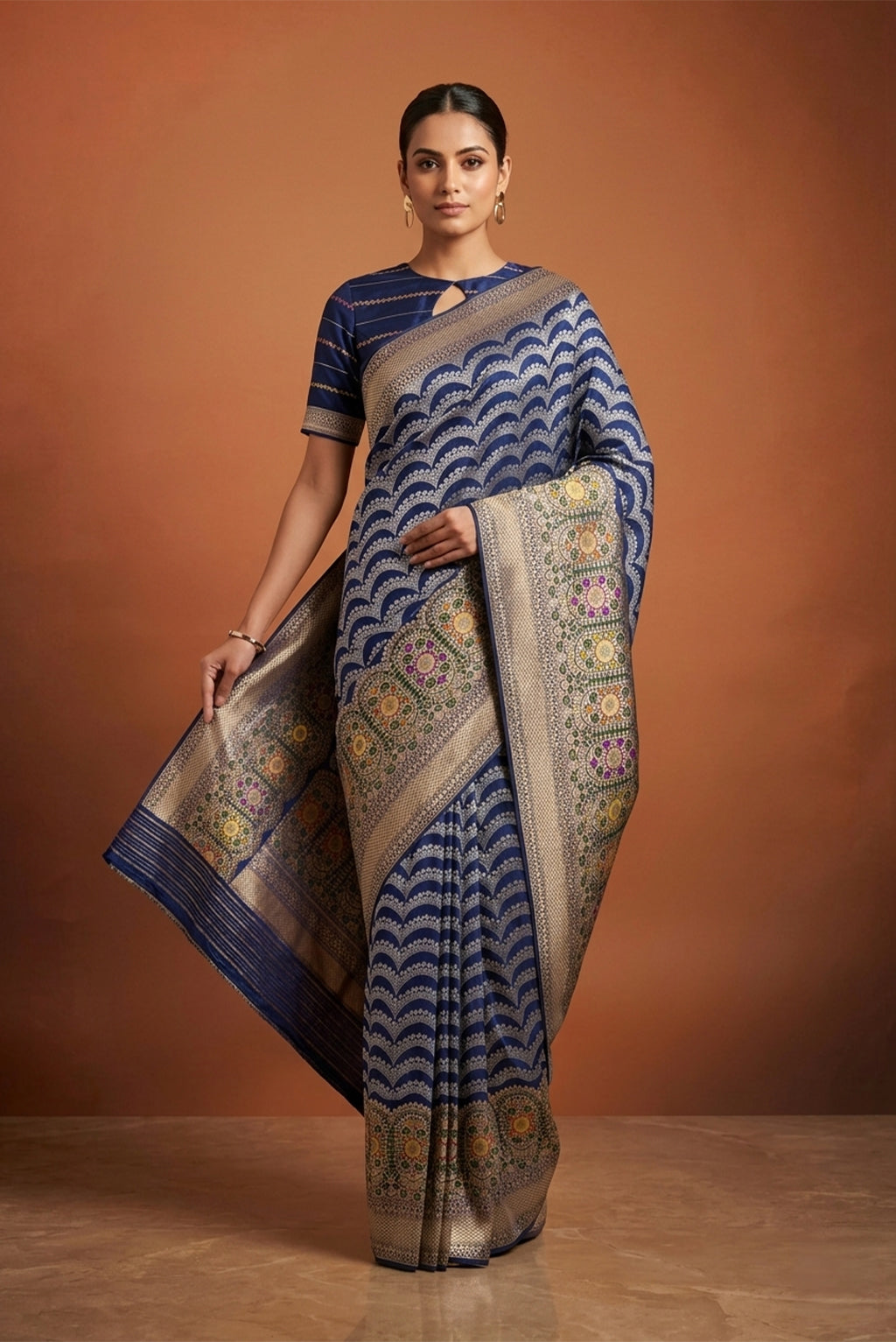 Model wearing a Blue Dual Tone Banarasi Silk Saree with Zari Brocade on the body and Zari Border.