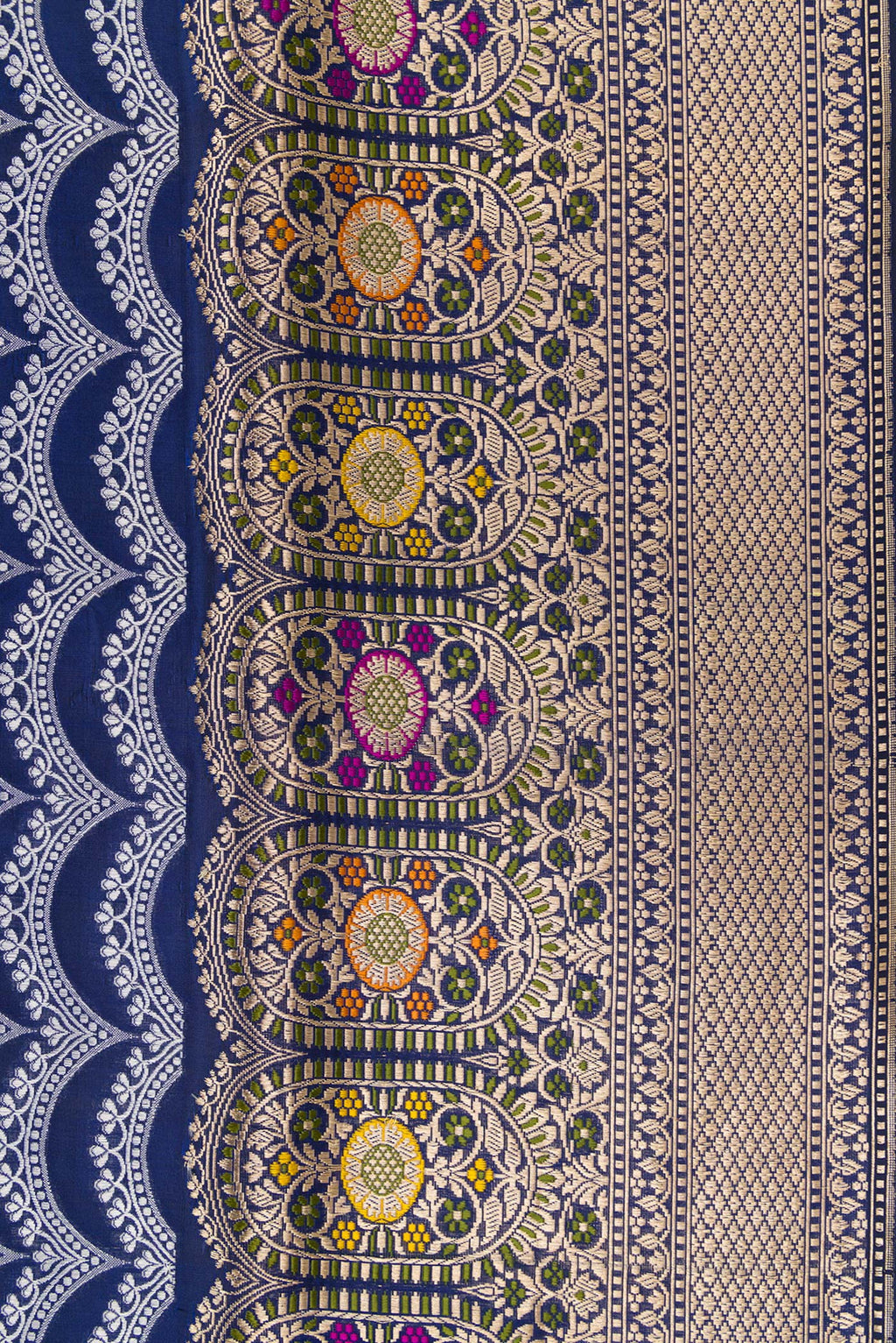Border image of Navy Blue Dual Tone Banarasi Silk Saree with Stripes on the body and Zari Border. 