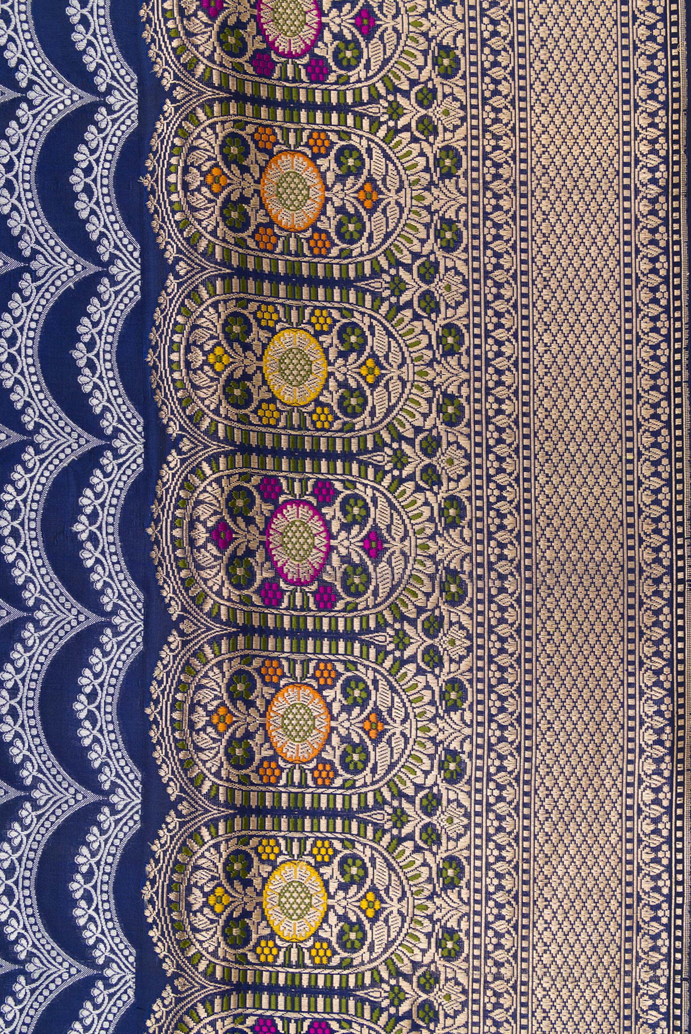 Border image of Navy Blue Dual Tone Banarasi Silk Saree with Stripes on the body and Zari Border. 
