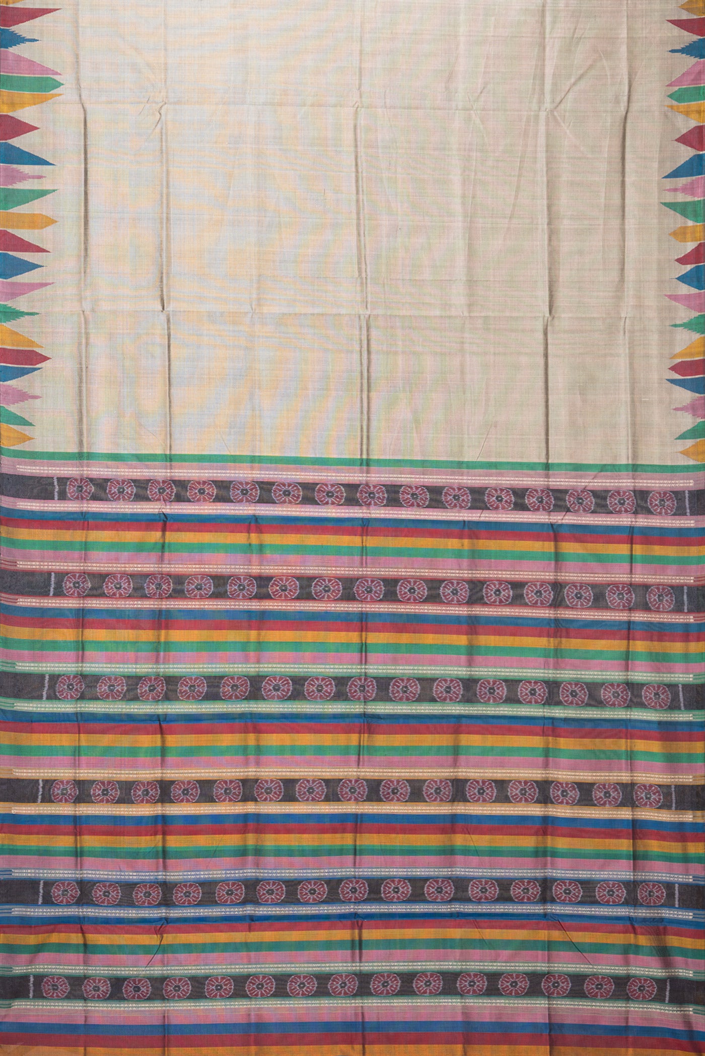 Flat view of Grey Double Ikat Saree with Plain Body and Temple Border. 