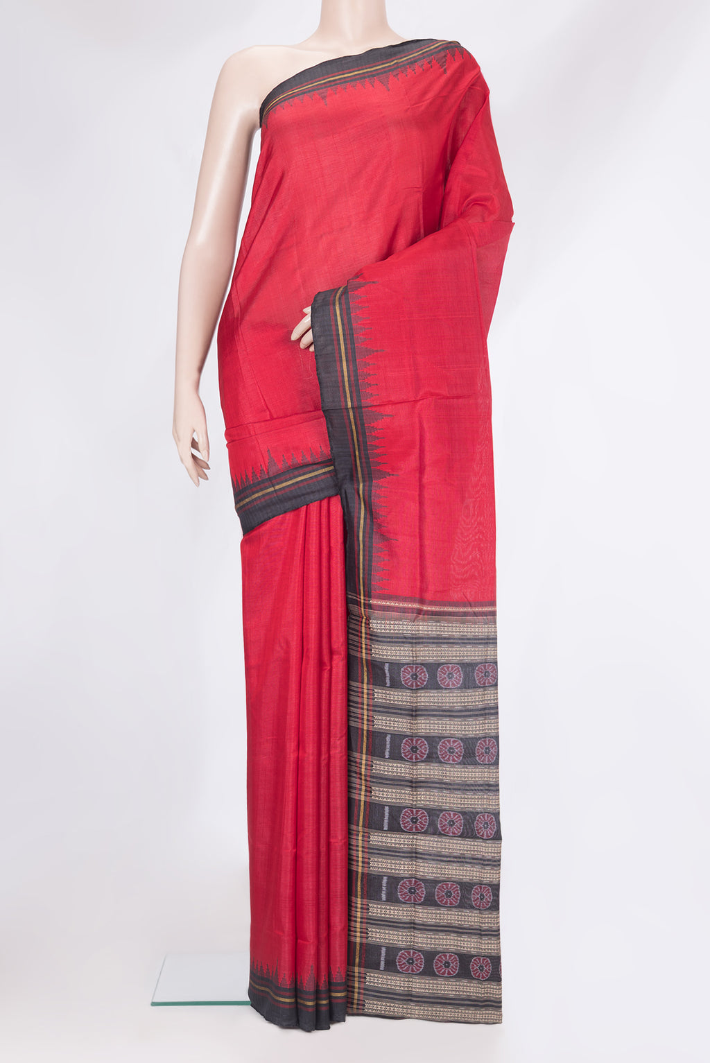Red Double Ikat Saree with Plain Body and Temple Border.  displayed on a mannequin