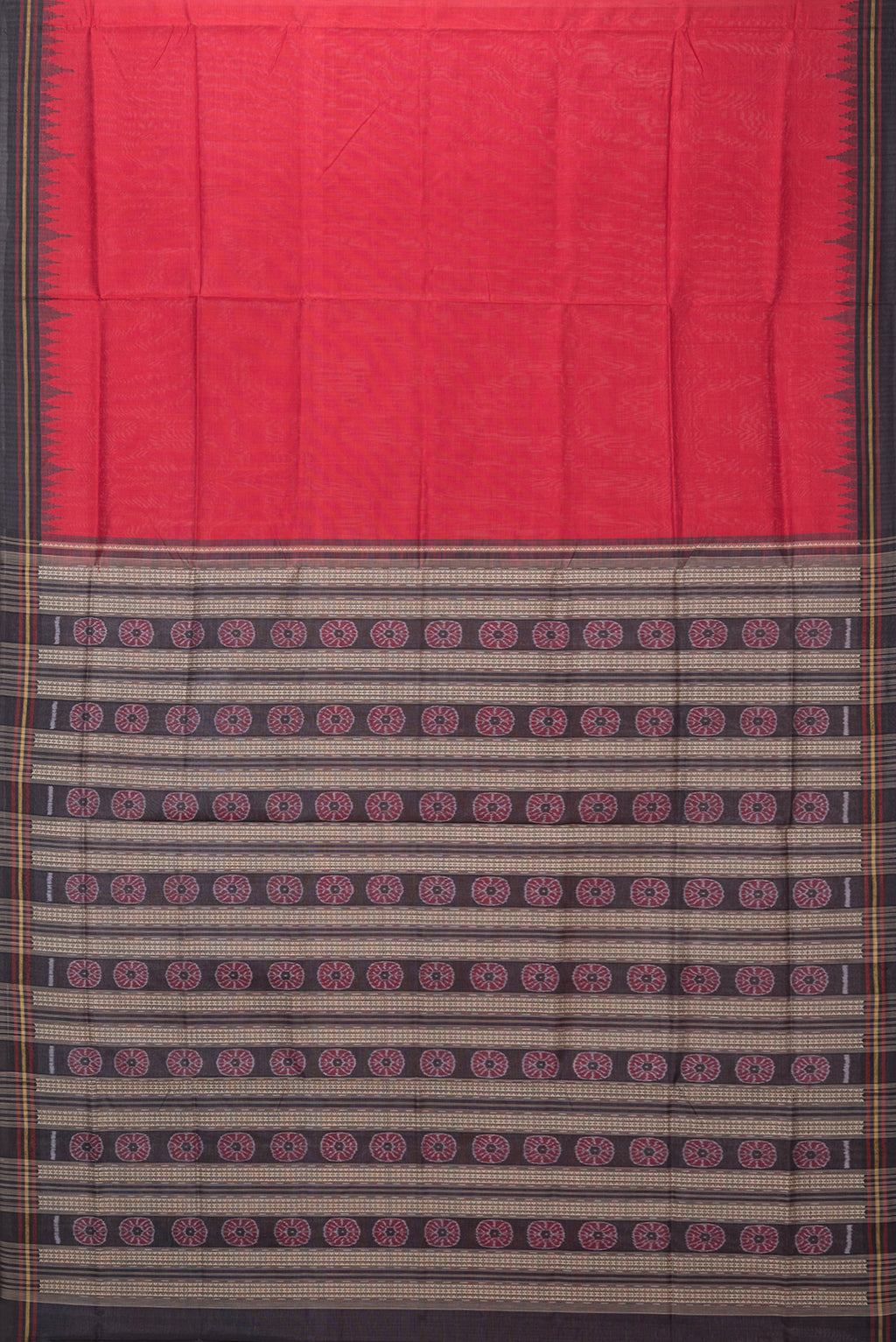 Flat view of Red Double Ikat Saree with Plain Body and Temple Border. 