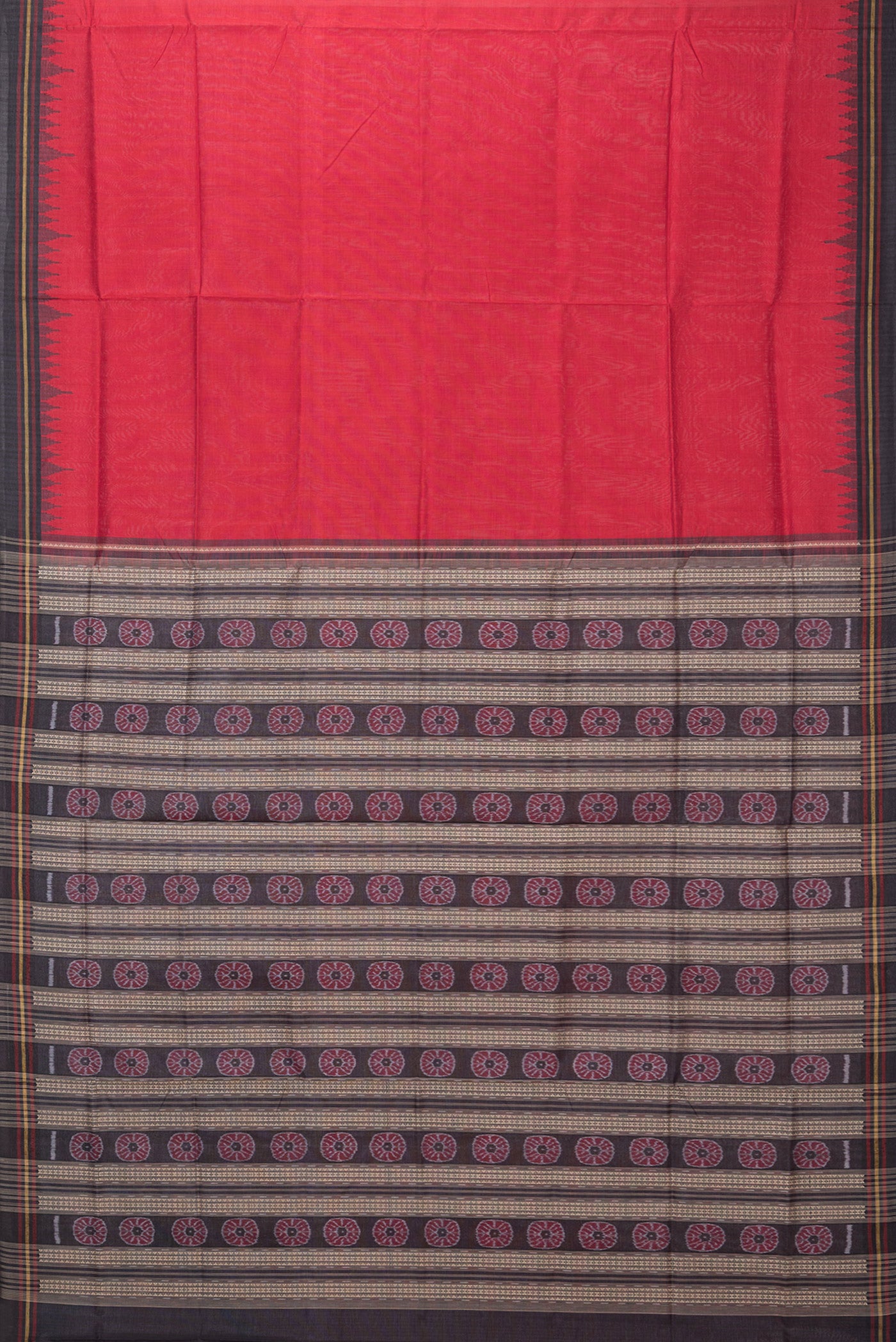Flat view of Red Double Ikat Saree with Plain Body and Temple Border. 