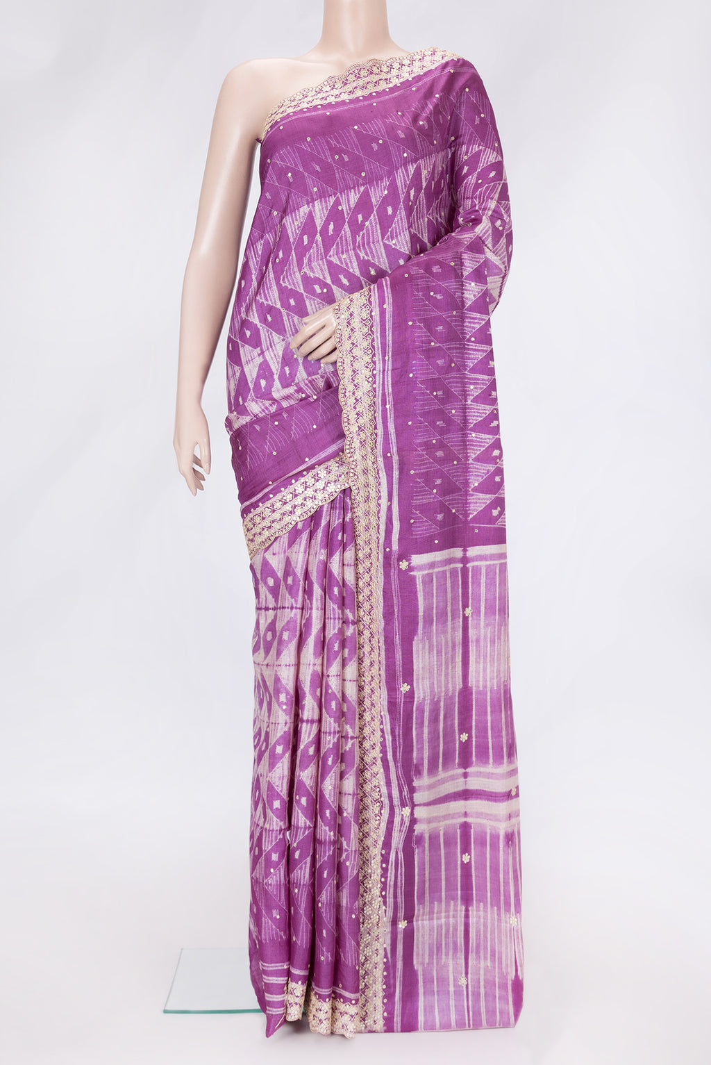 Purple Dual Tone Tussar Silk Saree with Embroidery on the body and Embroidery Border.  displayed on a mannequin