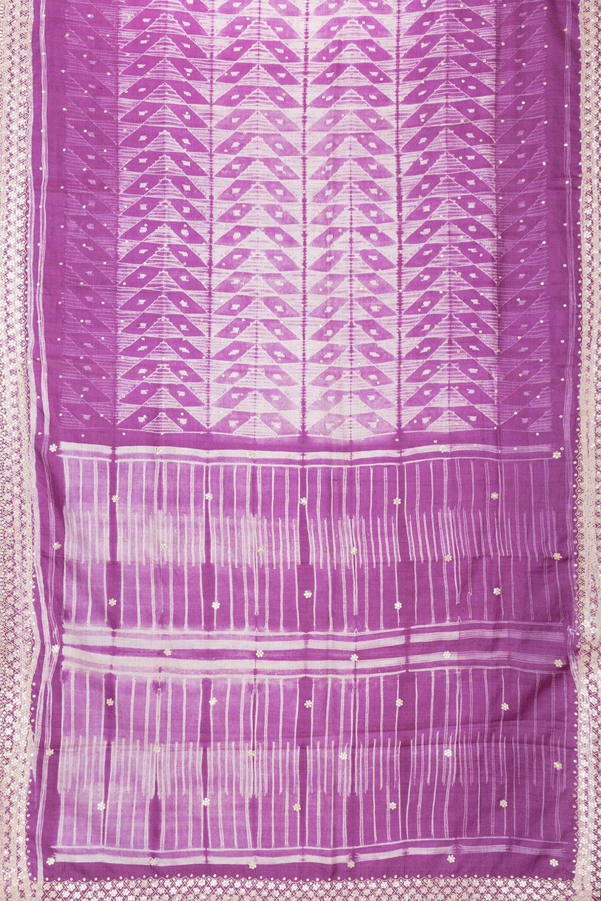 Flat view of Purple Dual Tone Tussar Silk Saree with Embroidery on the body and Embroidery Border. 