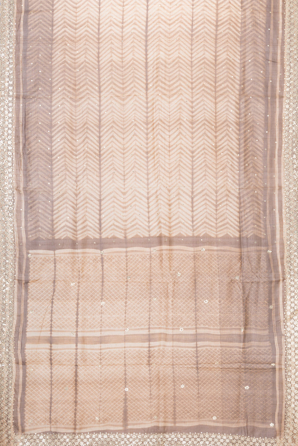 Flat view of Golden Peach Dual Tone Tussar Silk Saree with Embroidery on the body and Embroidery Border. 