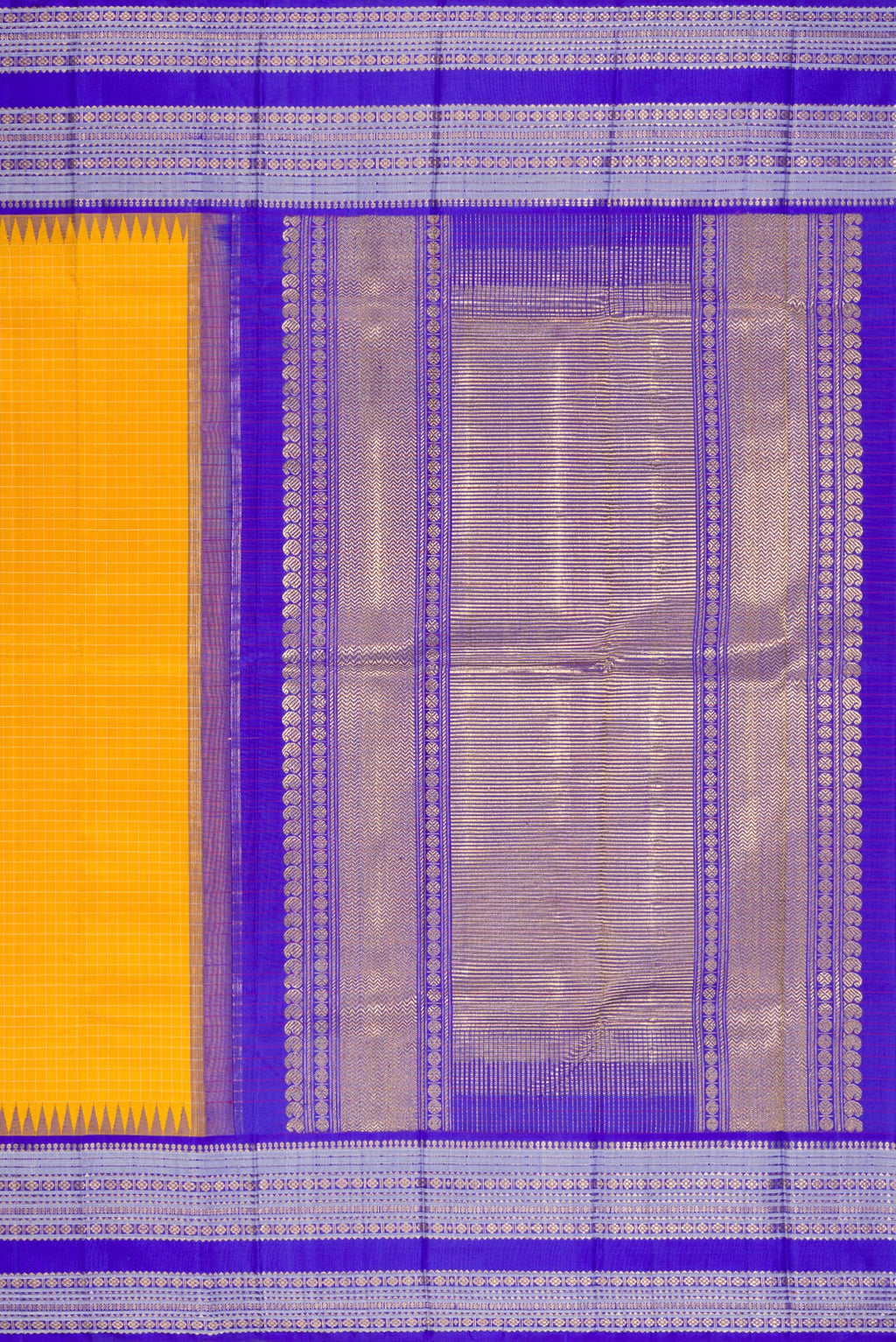 Close up image of the pallu of Pure Silk Pure Zari Yellow Kanjivaram Saree with Checked design on the body and Temple Border. 