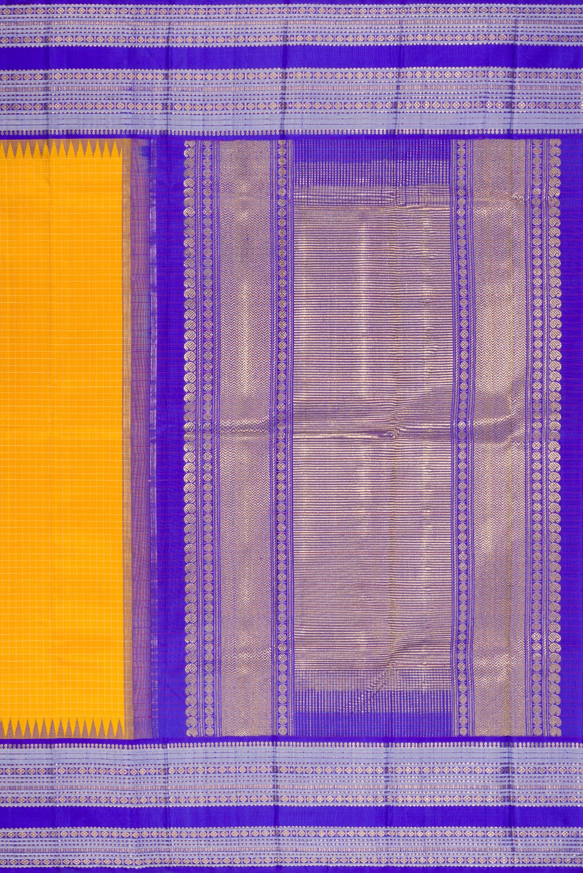 Close up image of the pallu of Pure Silk Pure Zari Yellow Kanjivaram Saree with Checked design on the body and Temple Border. 