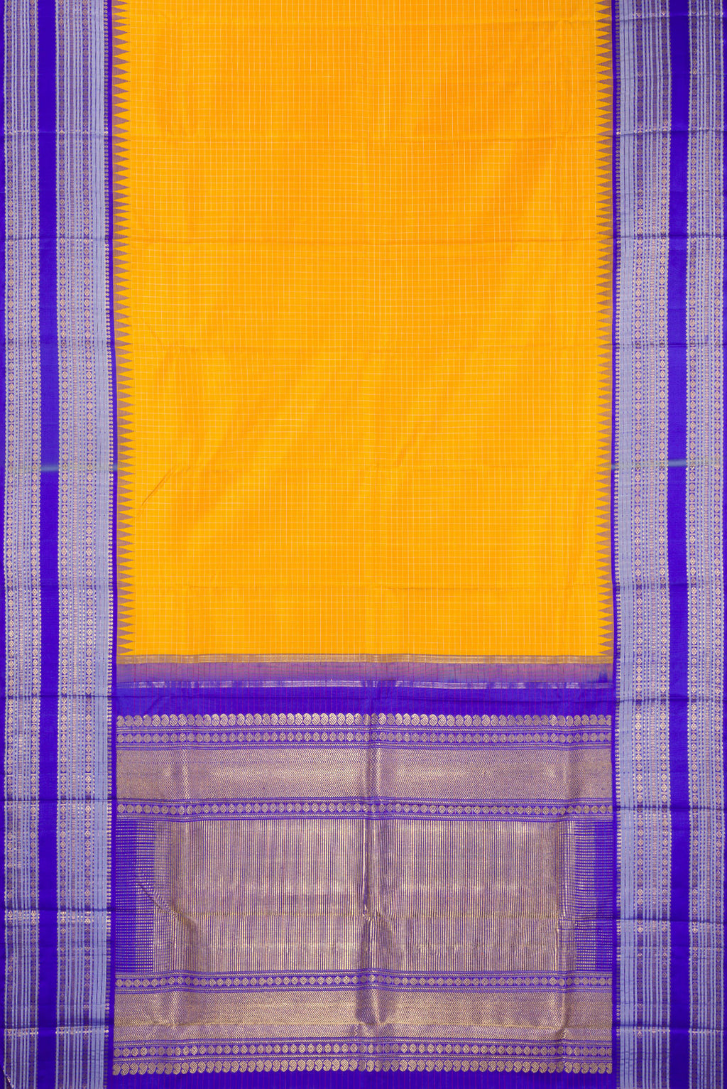 Flat view of Pure Silk Pure Zari Yellow Kanjivaram Saree with Checked design on the body and Temple Border. 
