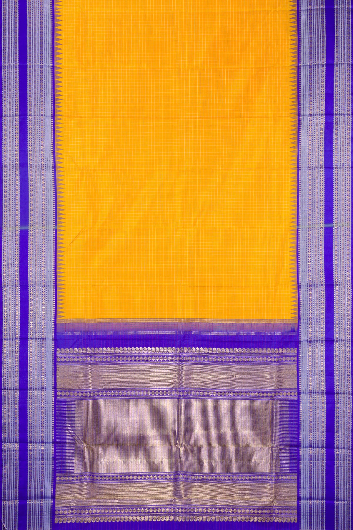 Flat view of Pure Silk Pure Zari Yellow Kanjivaram Saree with Checked design on the body and Temple Border. 
