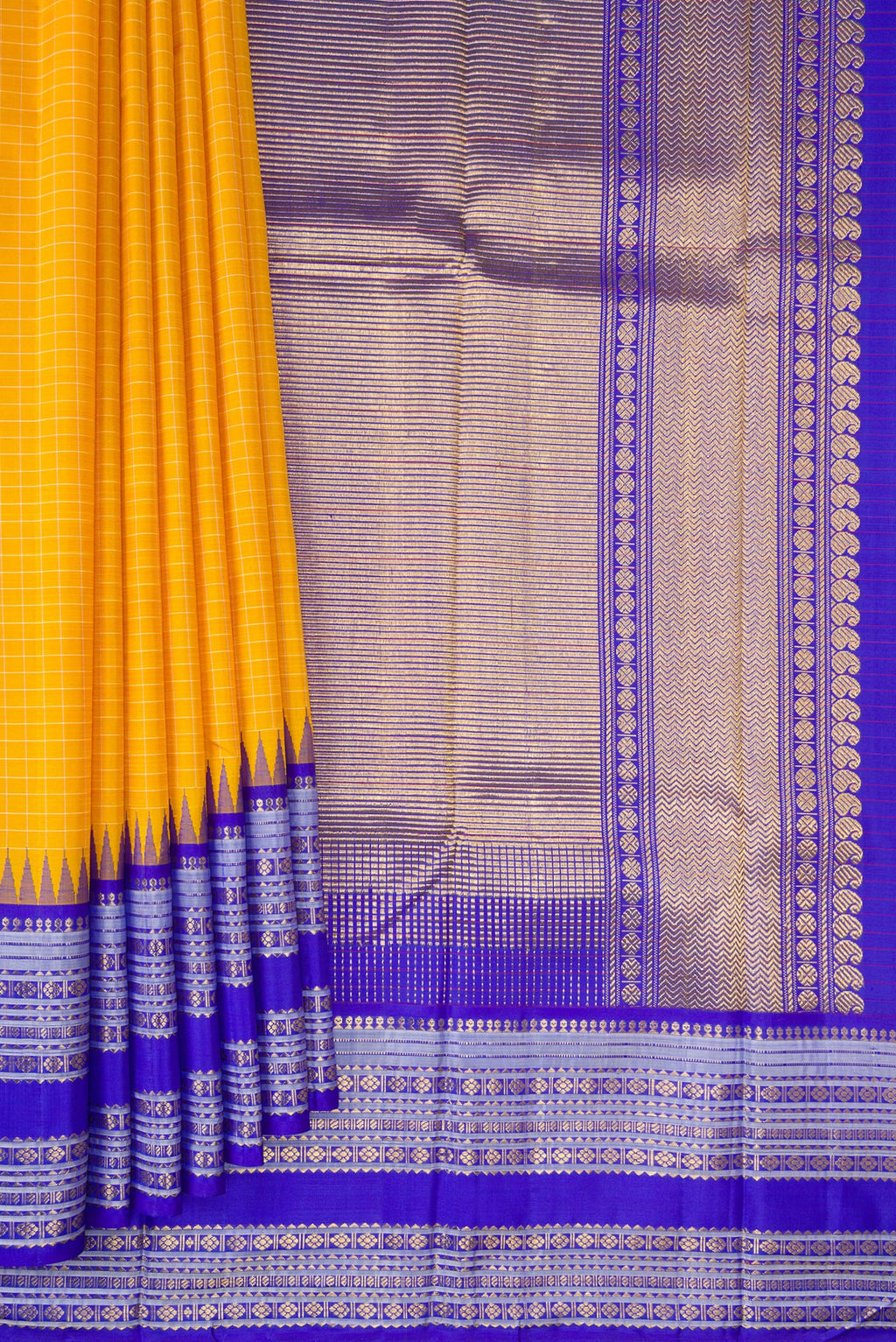 Pleats and pallu of Pure Silk Pure Zari Yellow Kanjivaram Saree with Checked design on the body and Temple Border. 