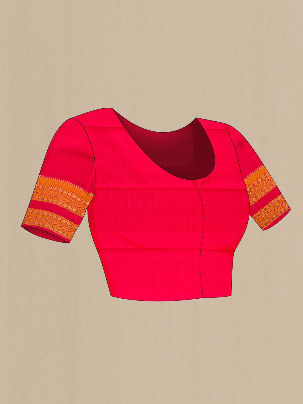 Close up image of the blouse of Pure Silk Pure Zari Dark Pink Kanjivaram Saree with Stripes on the body and Fancy Border. 