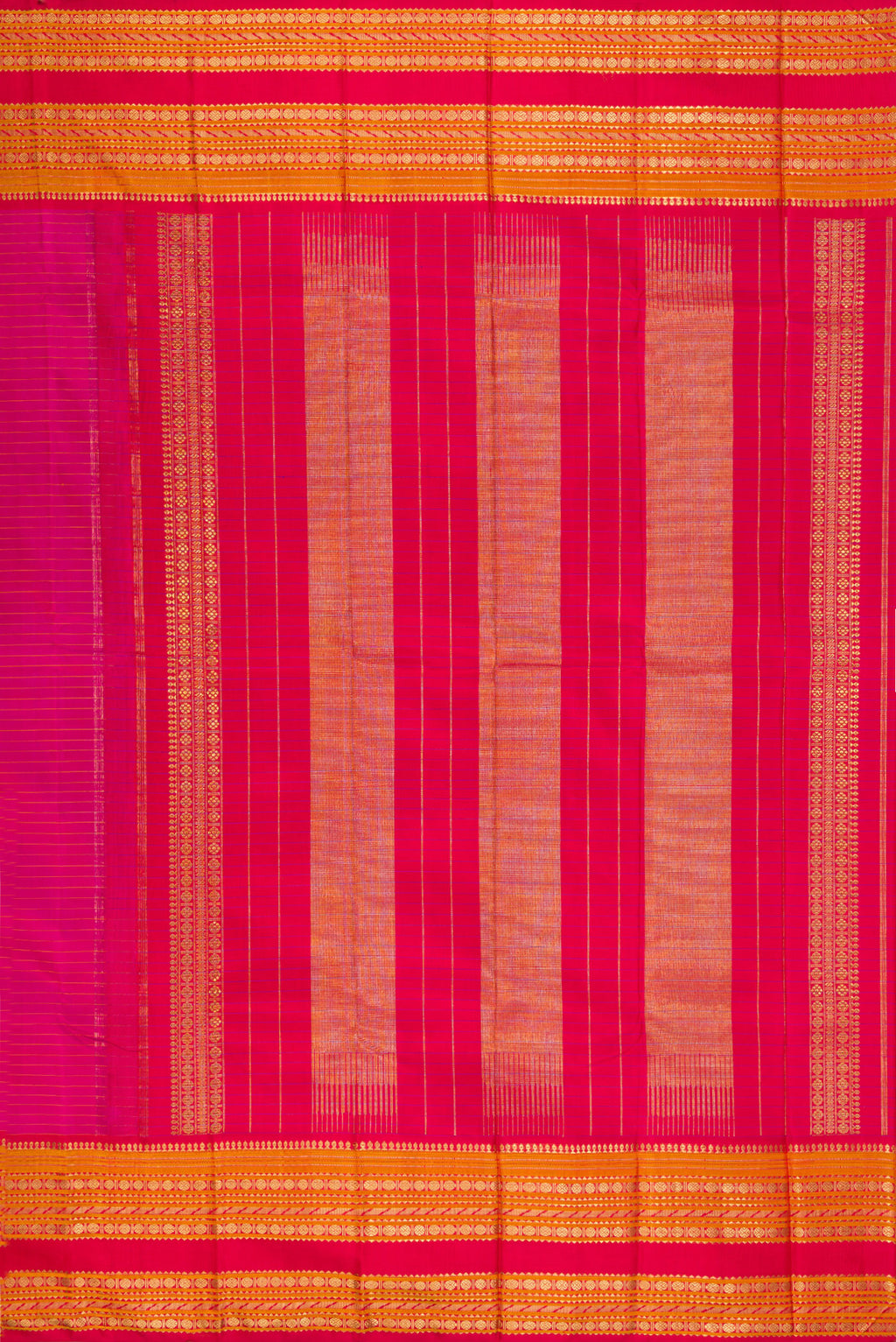 Close up image of the pallu of Pure Silk Pure Zari Dark Pink Kanjivaram Saree with Stripes on the body and Fancy Border. 