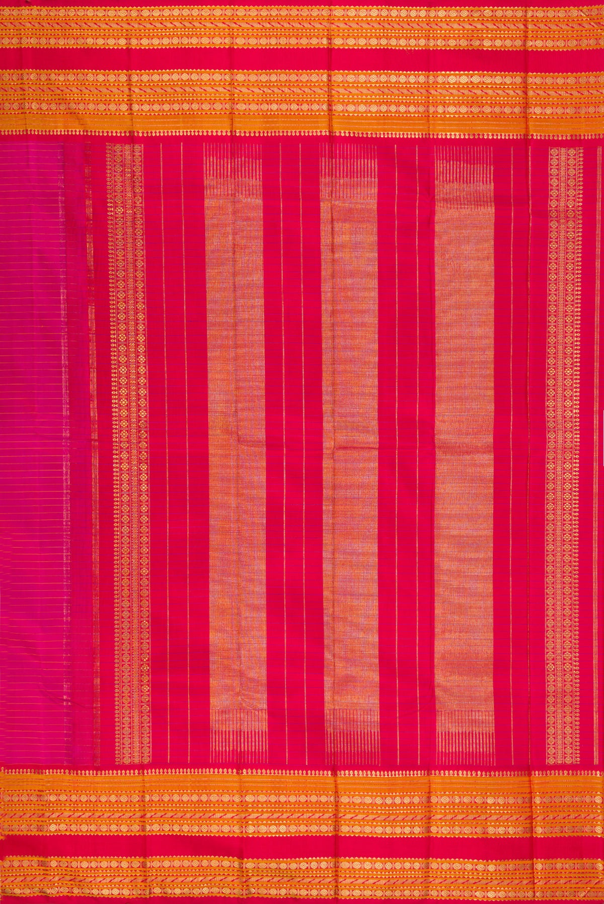 Close up image of the pallu of Pure Silk Pure Zari Dark Pink Kanjivaram Saree with Stripes on the body and Fancy Border. 