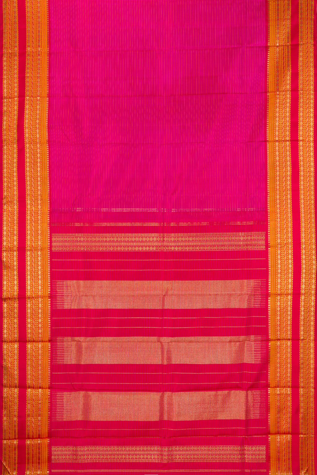 Flat view of Pure Silk Pure Zari Dark Pink Kanjivaram Saree with Stripes on the body and Fancy Border. 