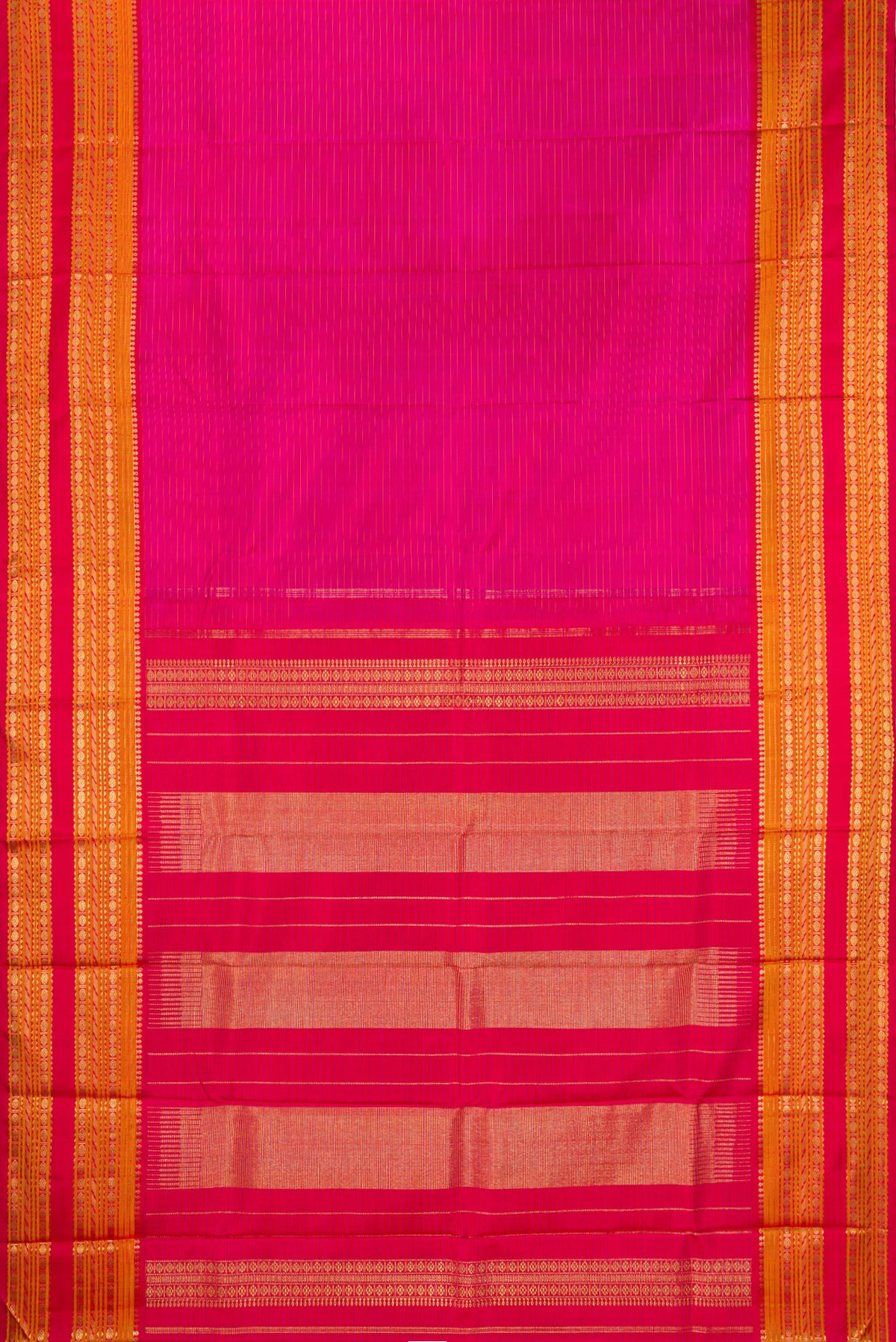 Flat view of Pure Silk Pure Zari Dark Pink Kanjivaram Saree with Stripes on the body and Fancy Border. 