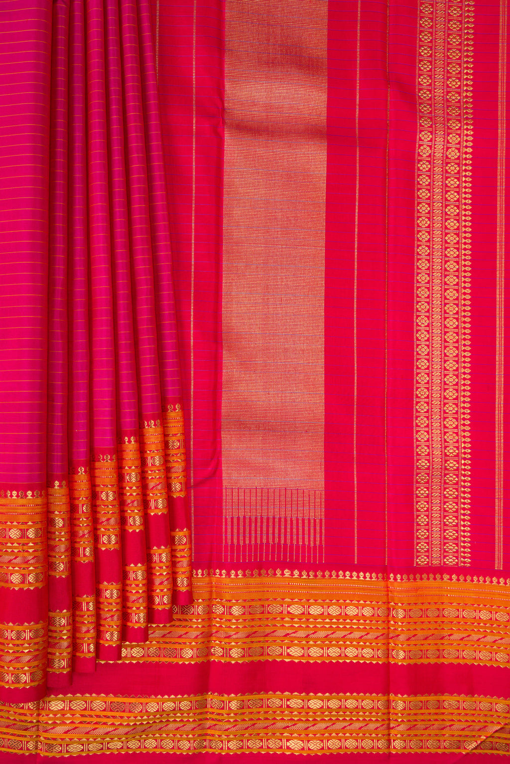 Pleats and pallu of Pure Silk Pure Zari Dark Pink Kanjivaram Saree with Stripes on the body and Fancy Border. 