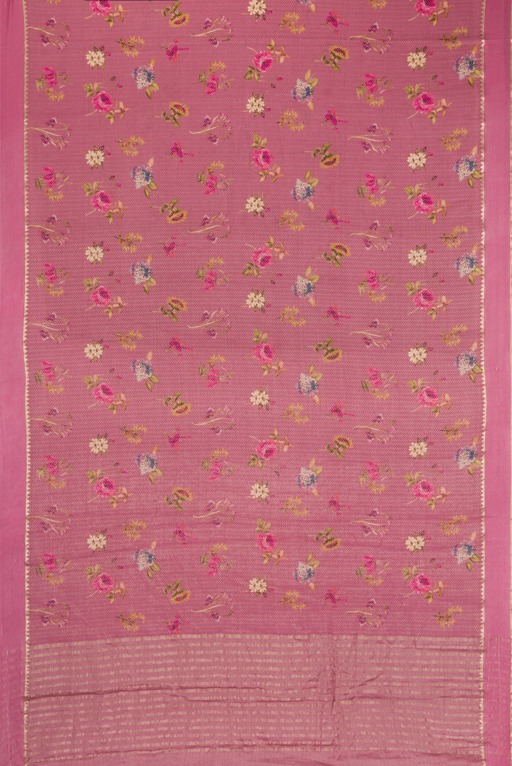 Flat view of Rose Gold Dual Tone Mysore Crepe Saree with Printed design on the body and Zari Border. 