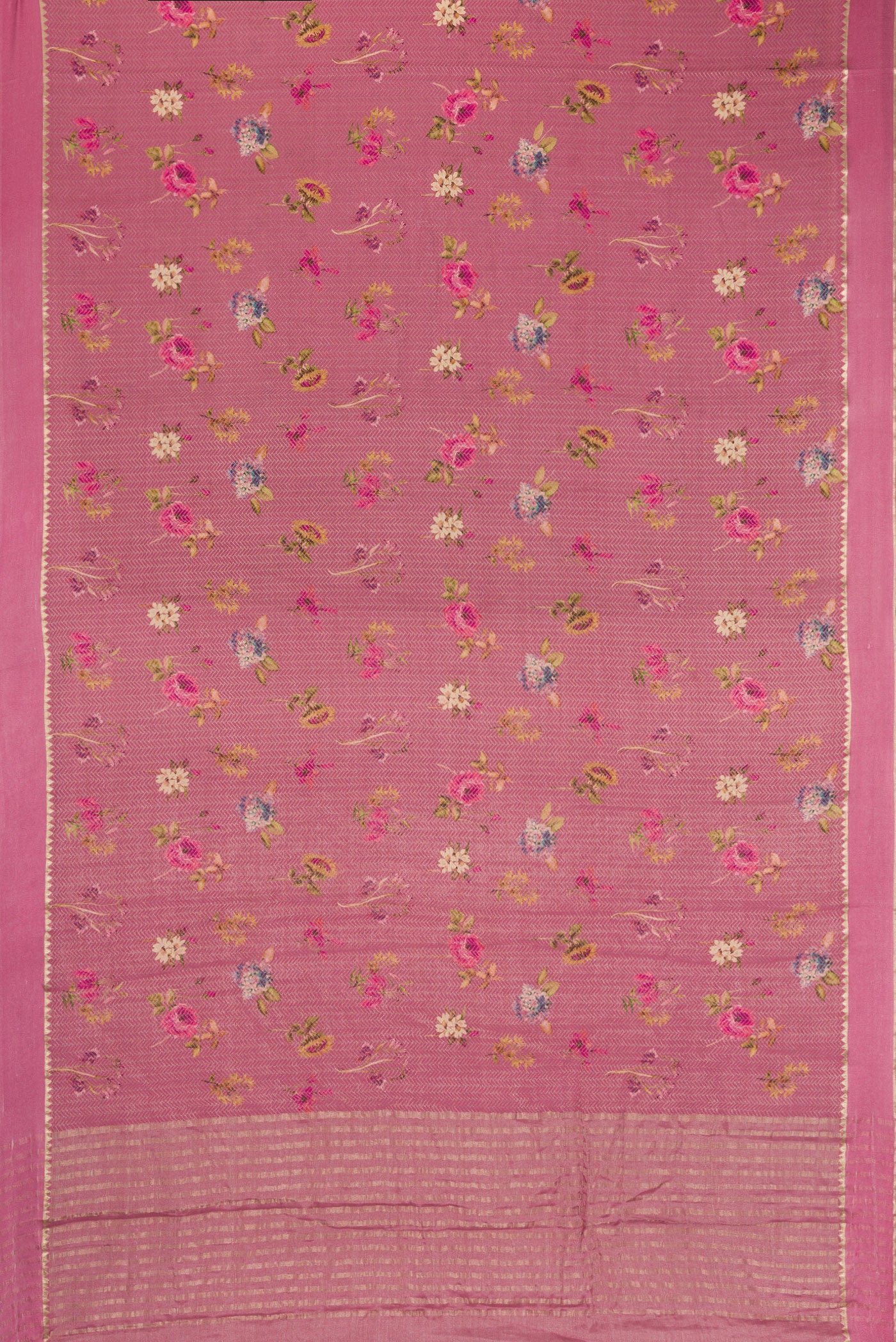 Flat view of Rose Gold Dual Tone Mysore Crepe Saree with Printed design on the body and Zari Border. 