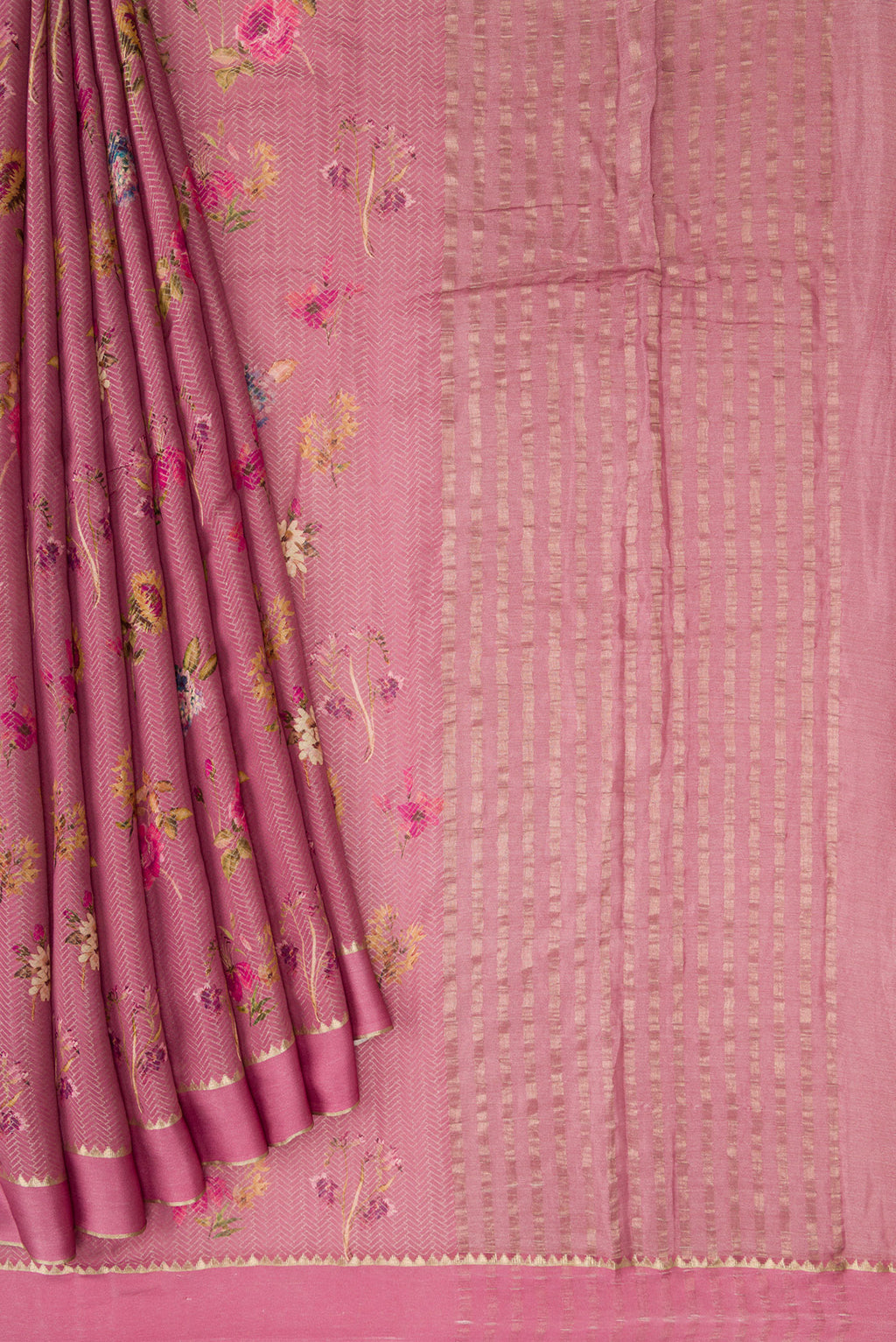 Pleats and pallu of Rose Gold Dual Tone Mysore Crepe Saree with Printed design on the body and Zari Border. 