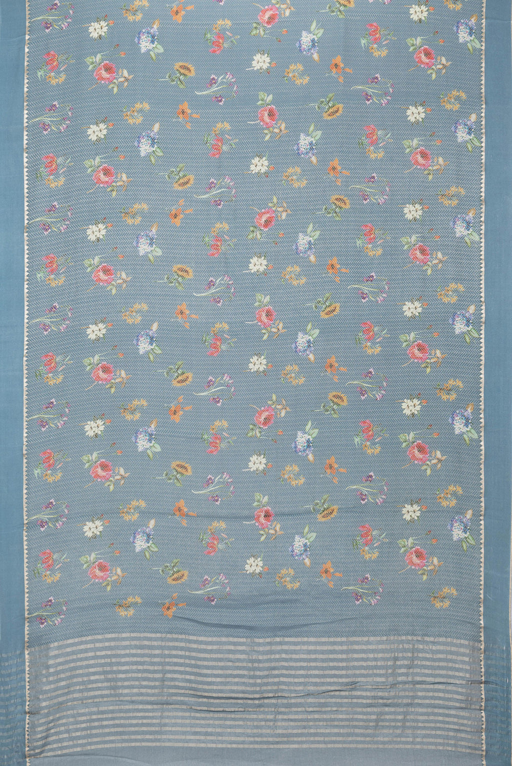 Flat view of Grey Dual Tone Georgette Saree with Zari Brocade on the body and Zari Border. 