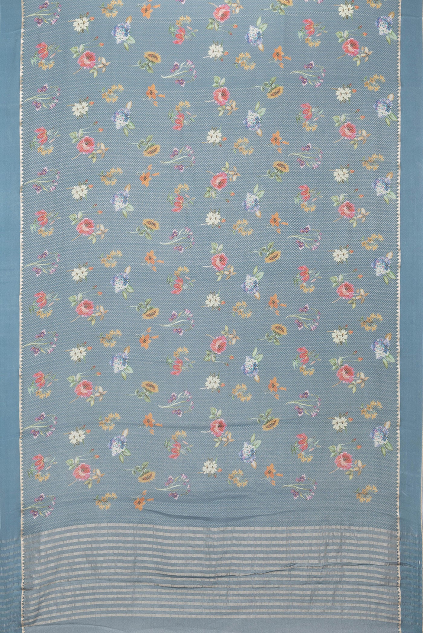Flat view of Grey Dual Tone Georgette Saree with Zari Brocade on the body and Zari Border. 