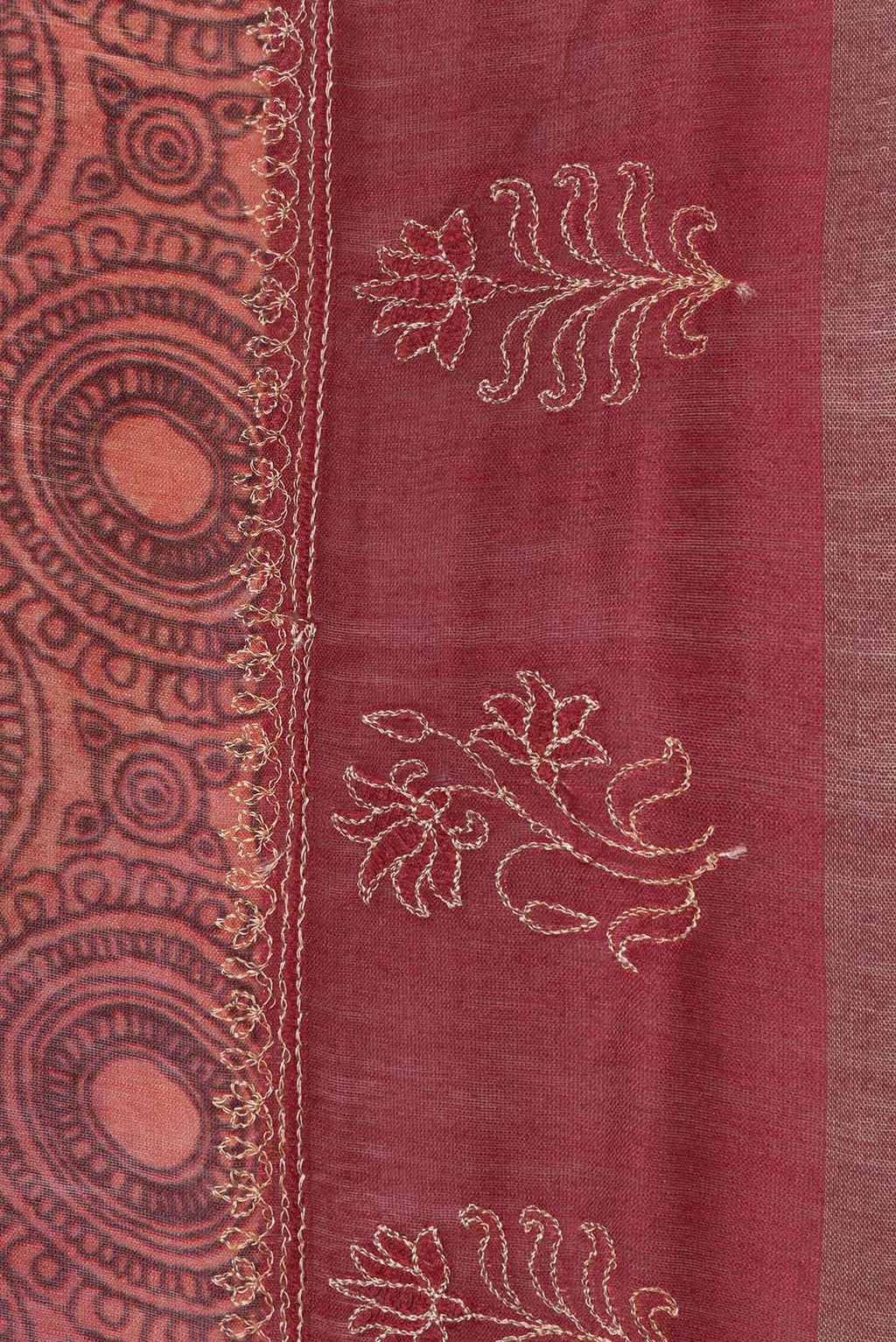 Border image of Maroon Dual Tone Tussar Silk Saree with Printed design on the body and Embroidery Border. 