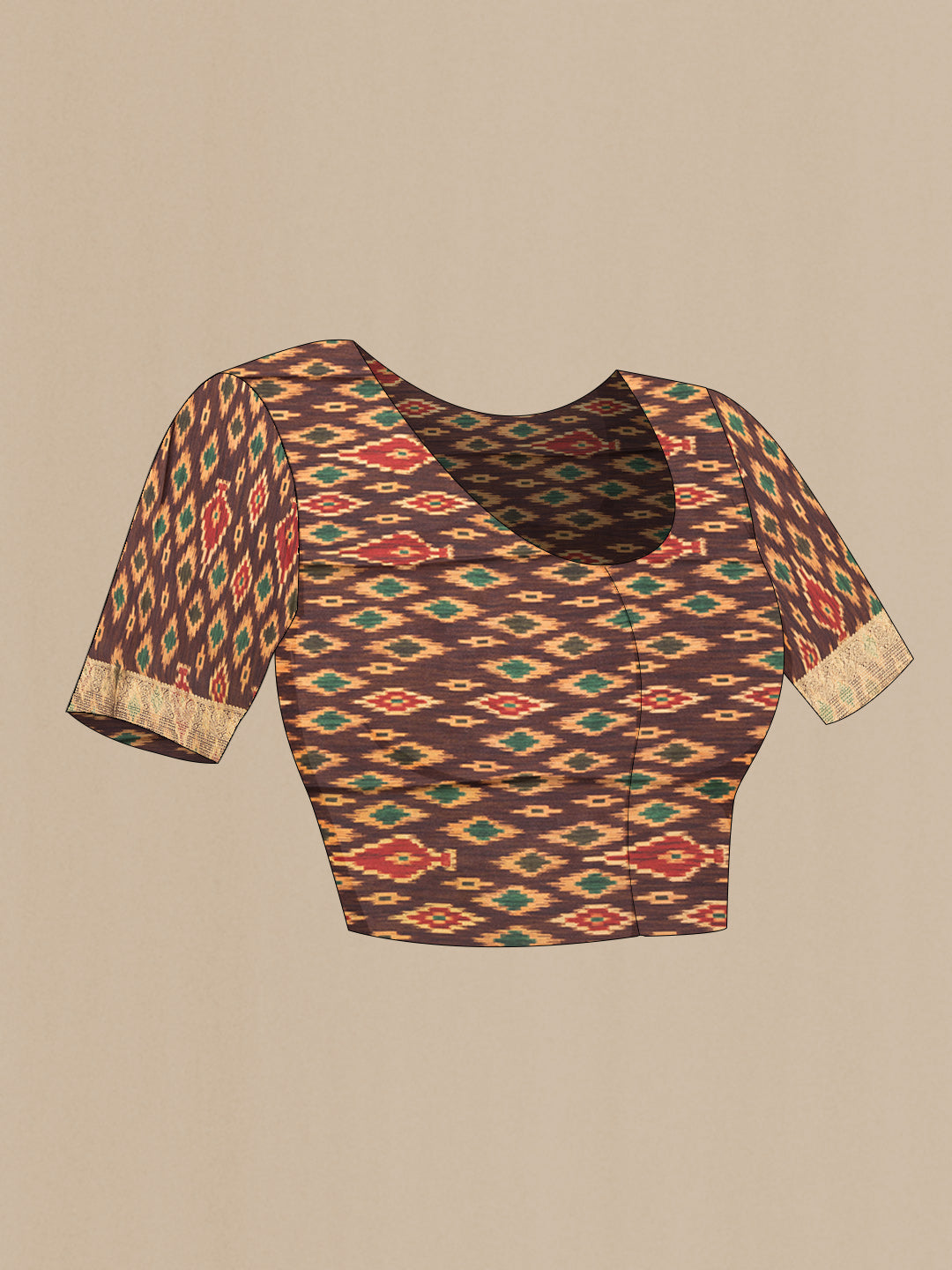 Close up image of the blouse of Black Dual Tone Mysore Crepe Saree with Printed design on the body and Zari Border. 