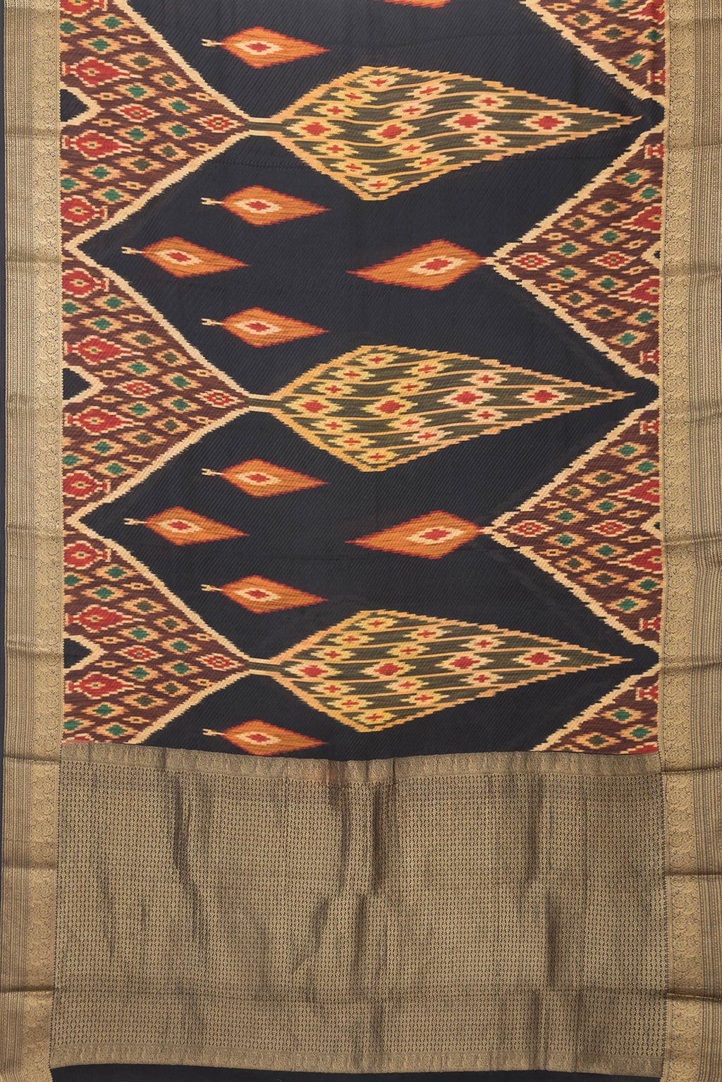 Flat view of Black Dual Tone Mysore Crepe Saree with Printed design on the body and Zari Border. 