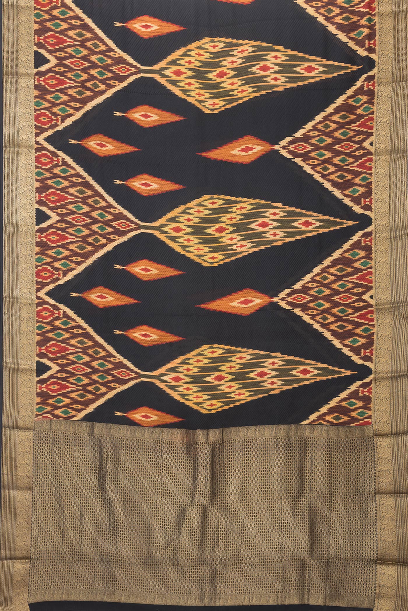 Flat view of Black Dual Tone Mysore Crepe Saree with Printed design on the body and Zari Border. 