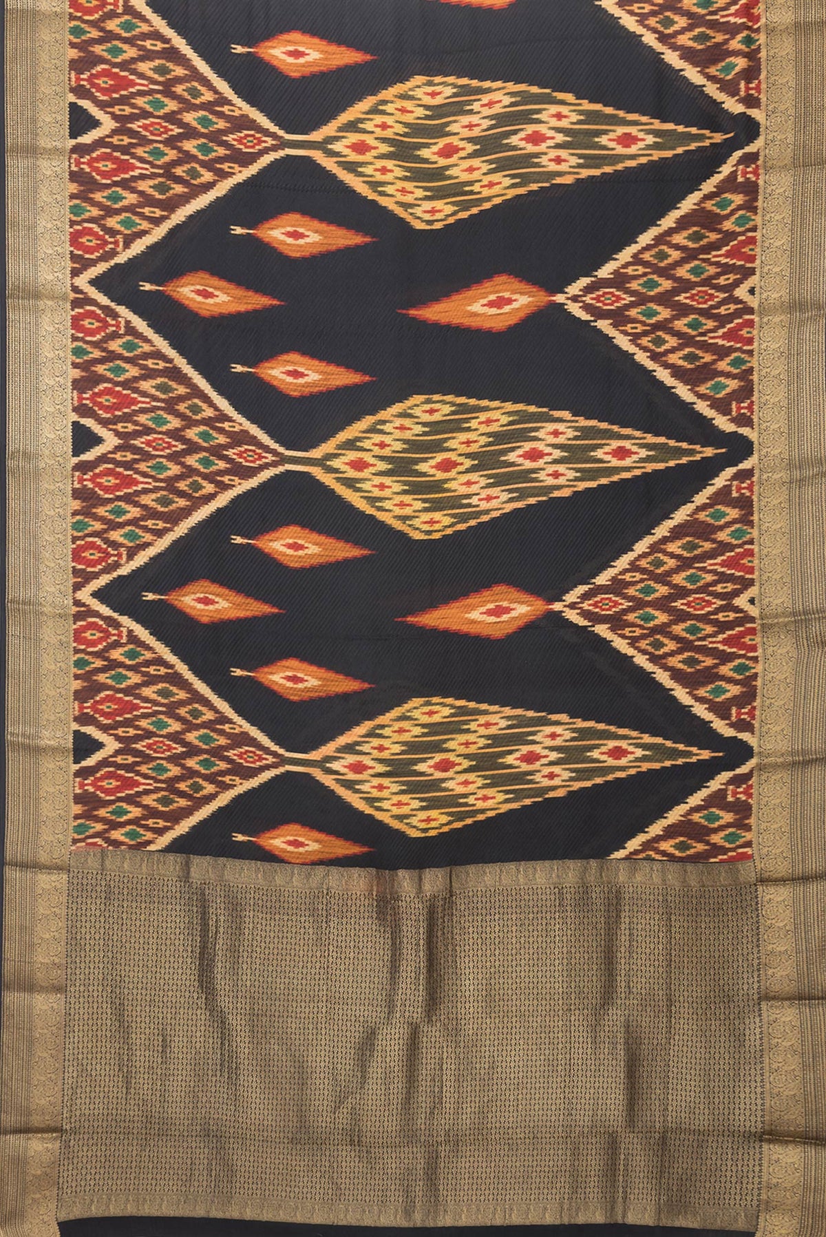 Flat view of Black Dual Tone Mysore Crepe Saree with Printed design on the body and Zari Border. 