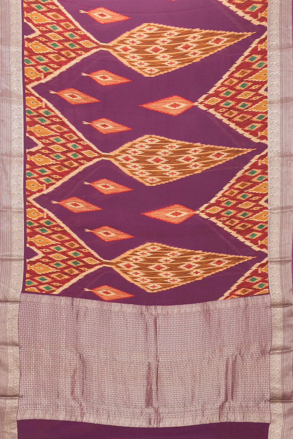 Flat view of Purple Mysore Crepe Saree with Printed design on the body and Zari Border. 