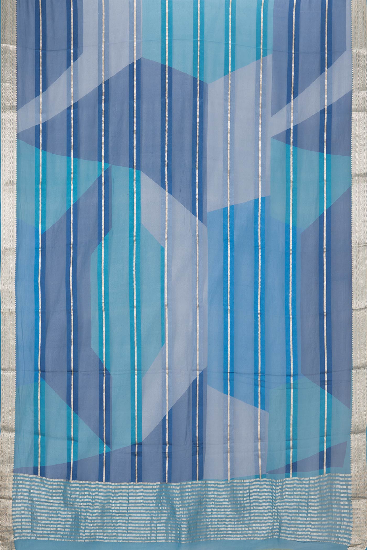 Flat view of Peacock Blue Dual Tone Mysore Georgette Saree with Stripes on the body and Zari Border. 