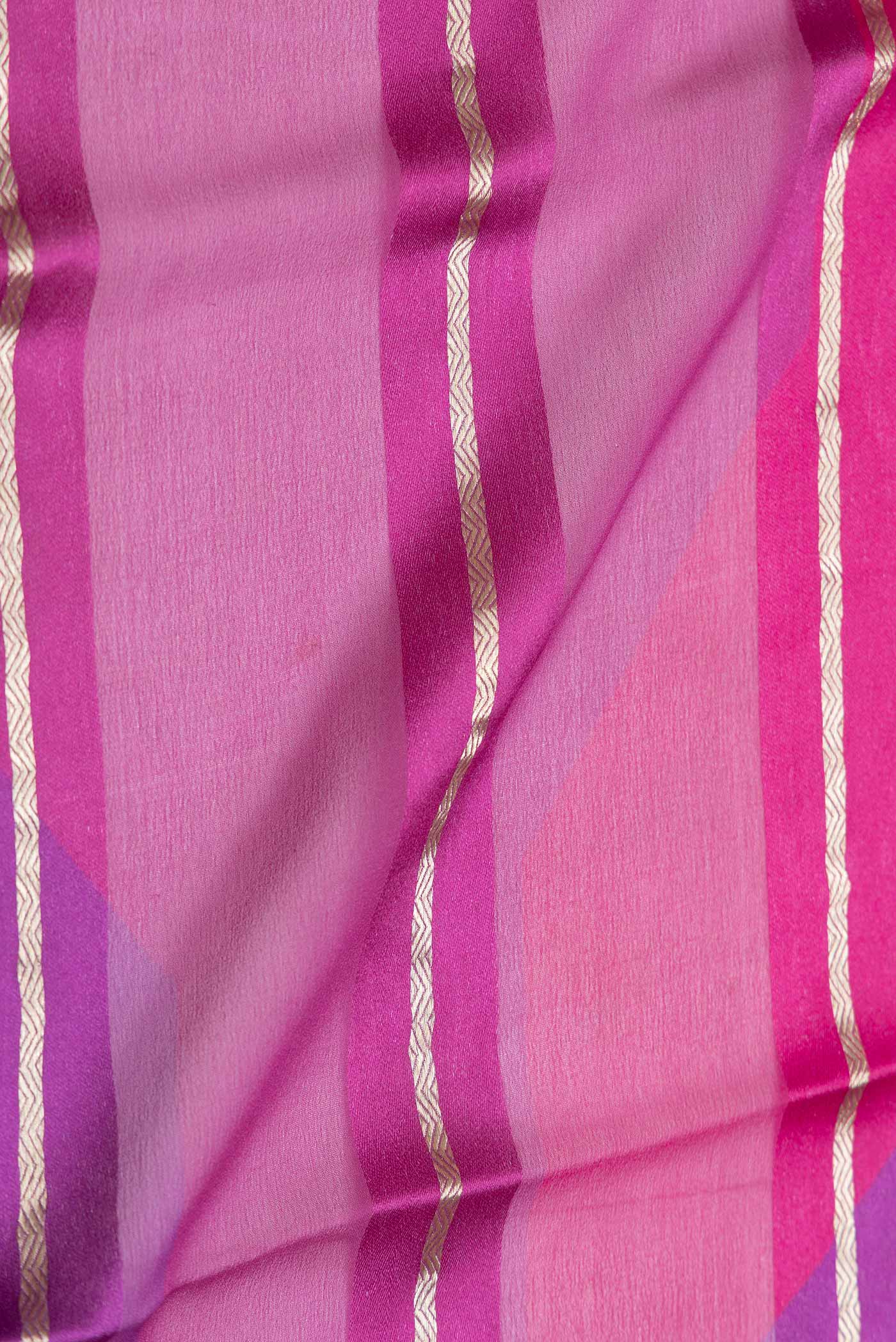 Close up of Multi Color Mysore Georgette Saree with Stripes on the body and Zari Border displaying folds