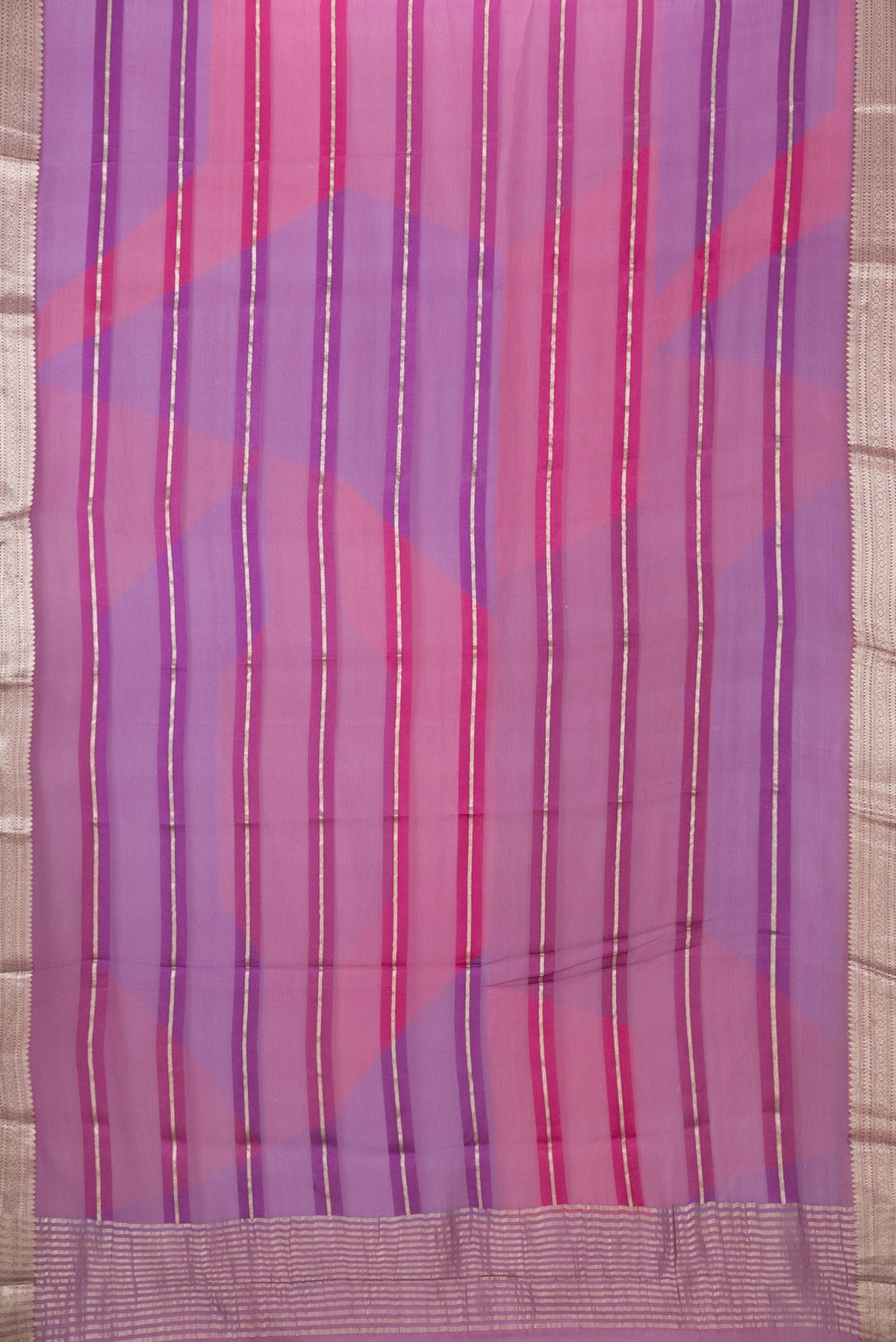Flat view of Multi Color Mysore Georgette Saree with Stripes on the body and Zari Border