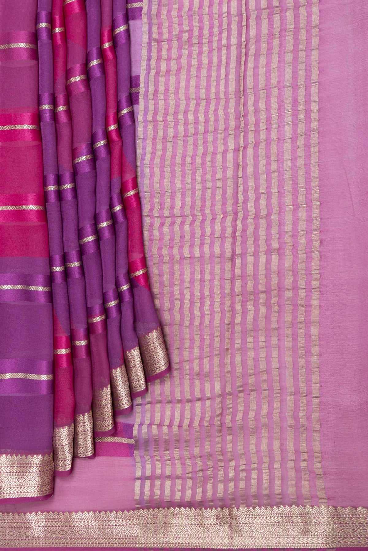 Pleats and pallu of Multi Color Mysore Georgette Saree with Stripes on the body and Zari Border