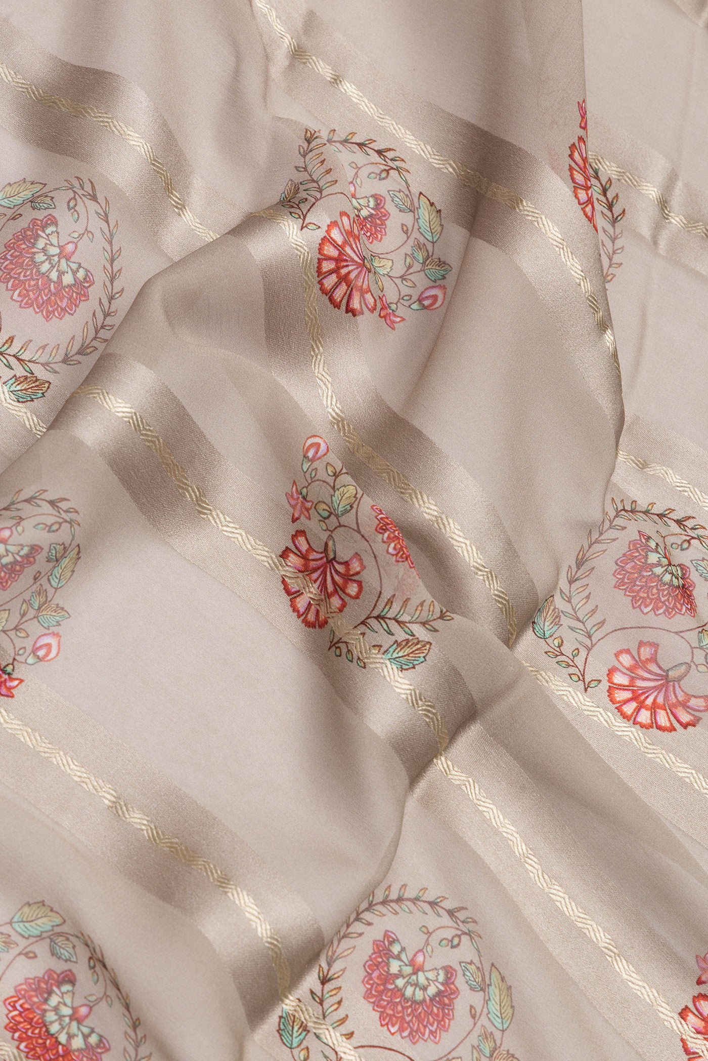 Close up of Grey Dual Tone Mysore Georgette Saree with Printed design on the body and Zari Border.  displaying folds