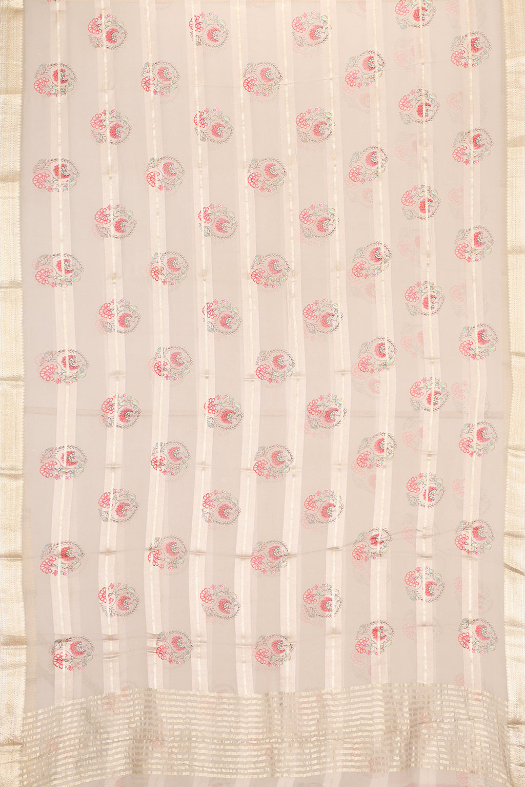 Flat view of Grey Dual Tone Mysore Georgette Saree with Printed design on the body and Zari Border. 