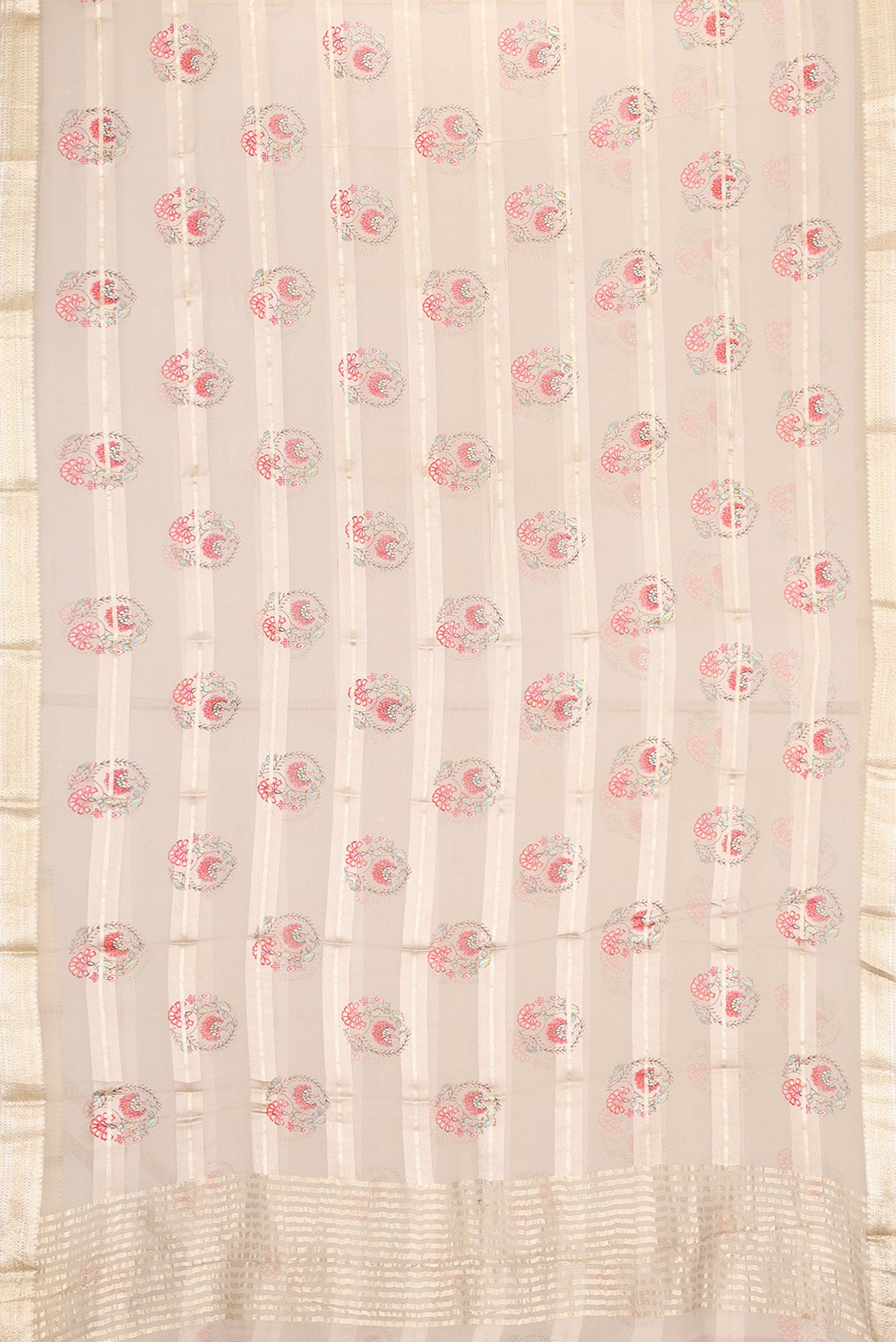 Flat view of Grey Dual Tone Mysore Georgette Saree with Printed design on the body and Zari Border. 