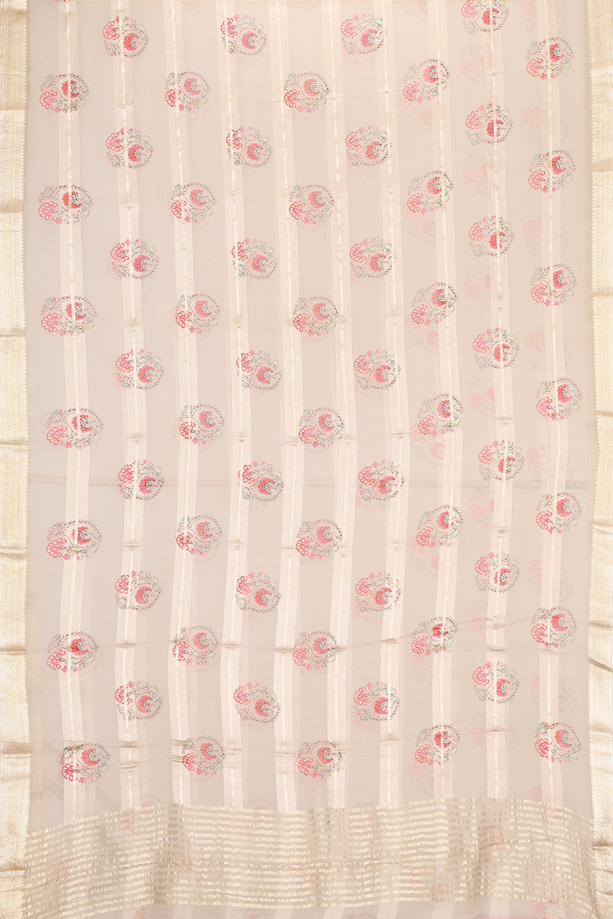 Flat view of Grey Dual Tone Mysore Georgette Saree with Printed design on the body and Zari Border. 