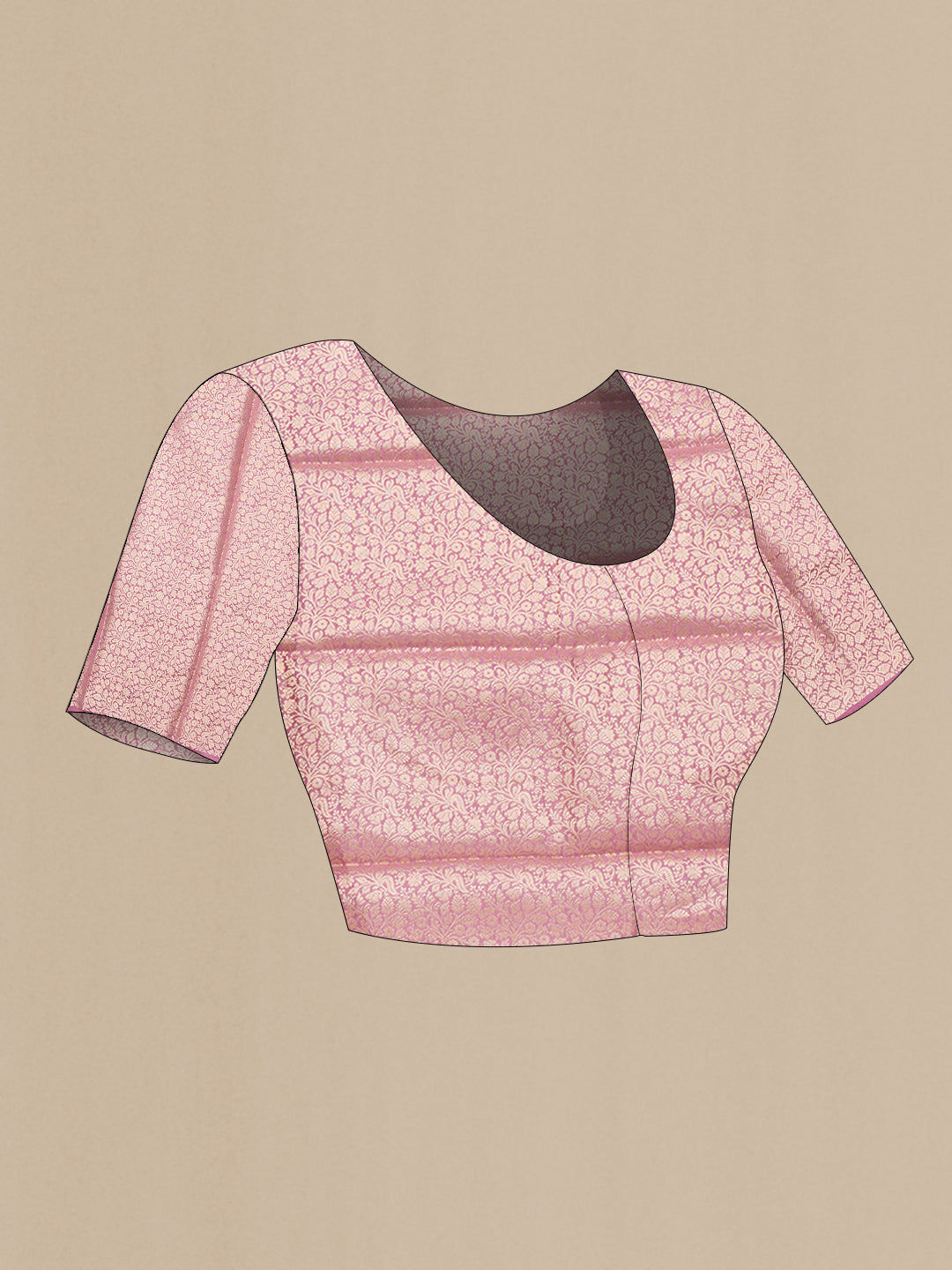 Close up image of the blouse of Pink Dual Tone Mysore Georgette Saree with Printed design on the body and Zari Border. 