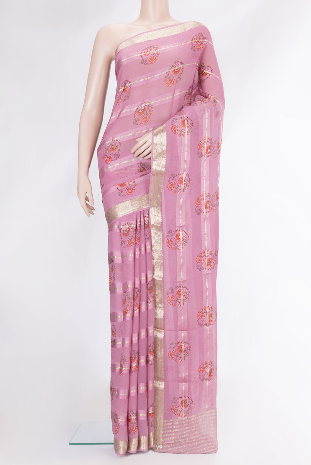 Pink Dual Tone Mysore Georgette Saree with Printed design on the body and Zari Border.  displayed on a mannequin
