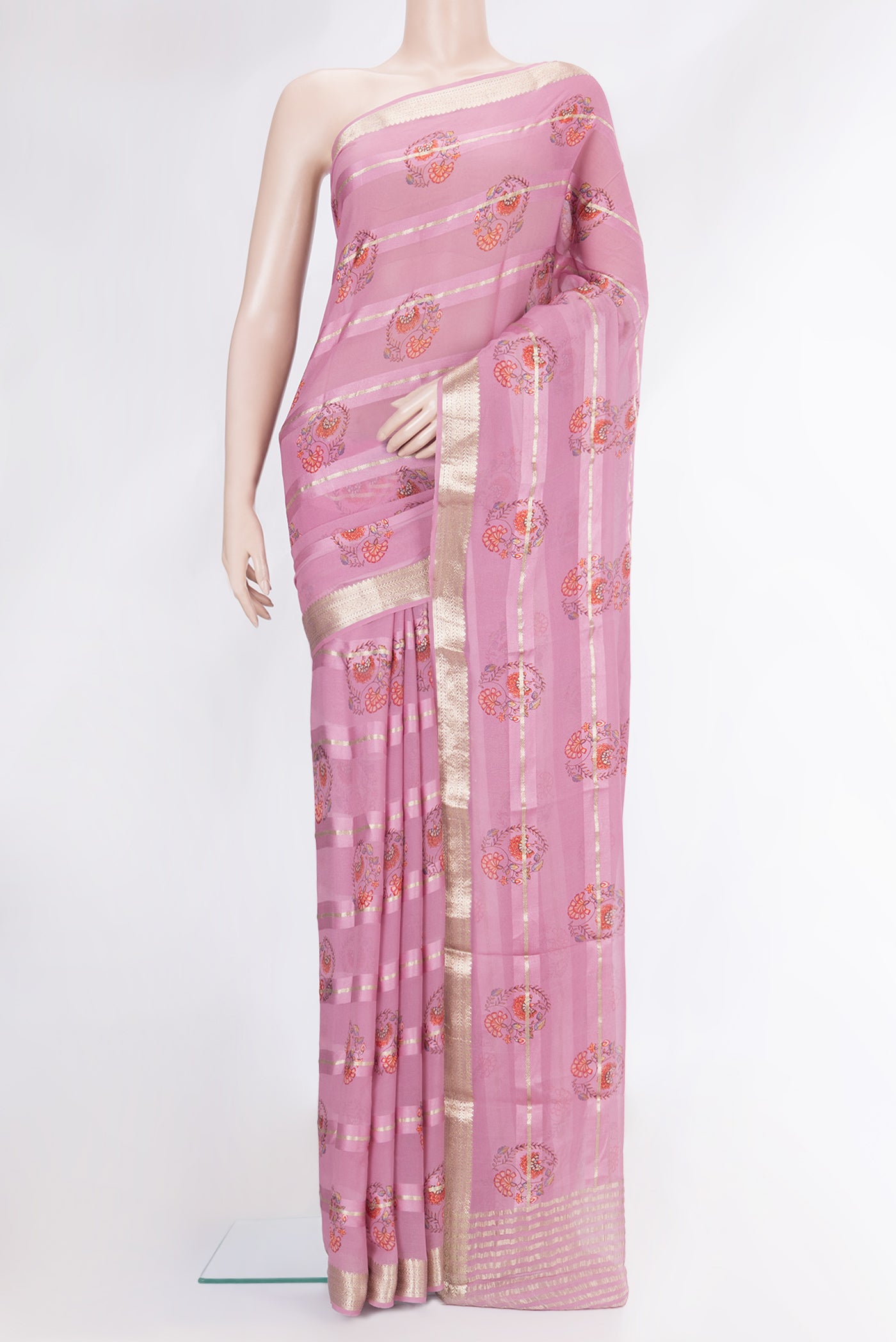 Pink Dual Tone Mysore Georgette Saree with Printed design on the body and Zari Border.  displayed on a mannequin